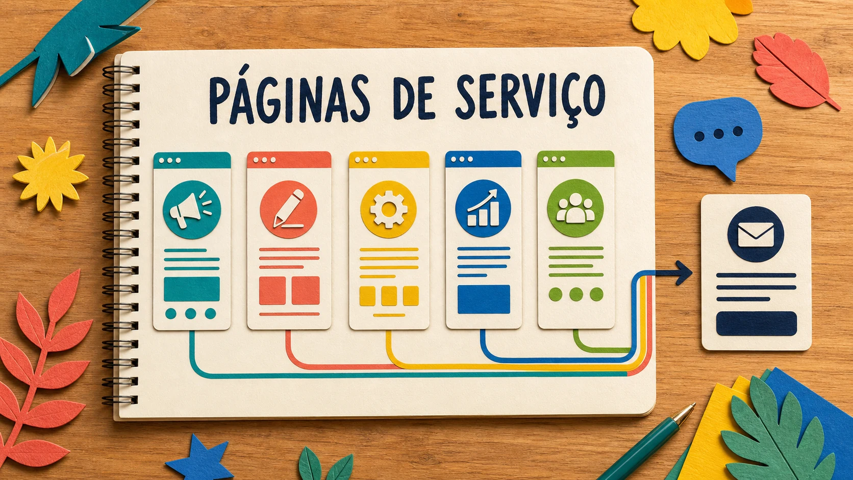 Caderno colorido organiza serviços diferentes em páginas com conteúdo próprio