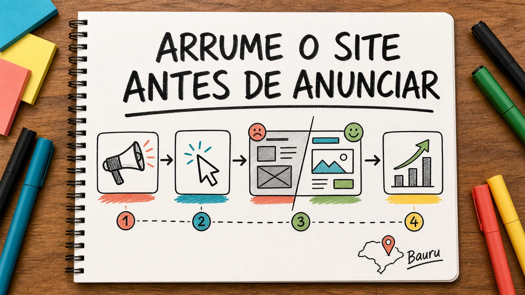 Caderno colorido mostra anúncios chegando a uma página com caminho bloqueado