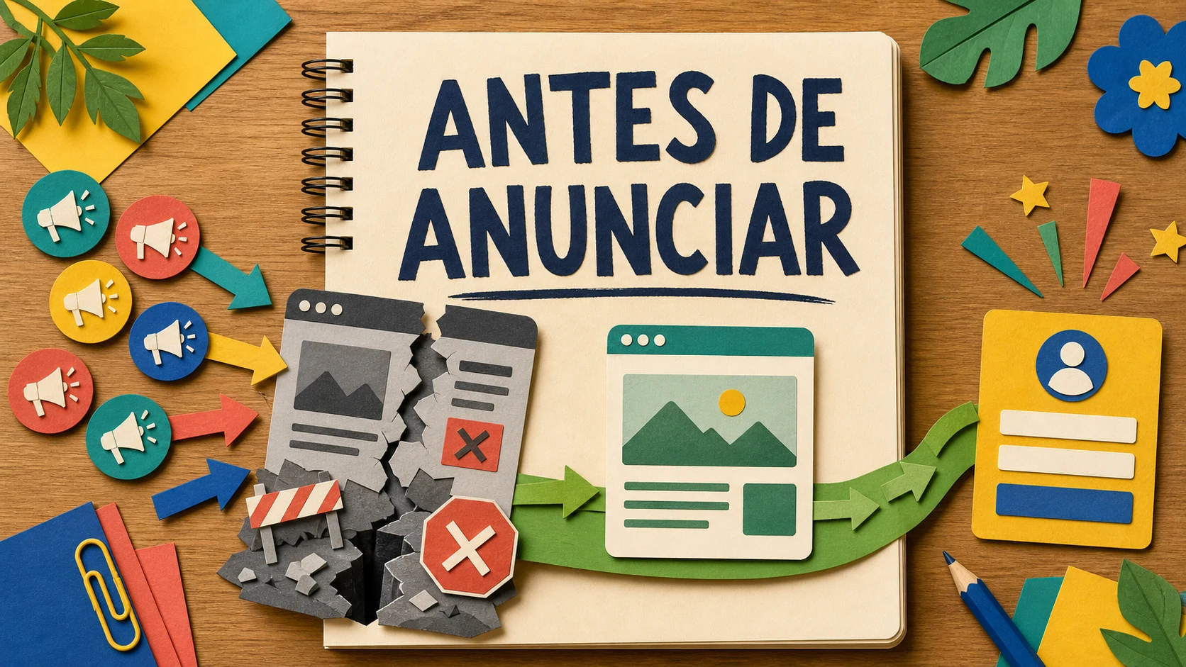 Caderno colorido mostra anúncios chegando a uma página com caminho bloqueado
