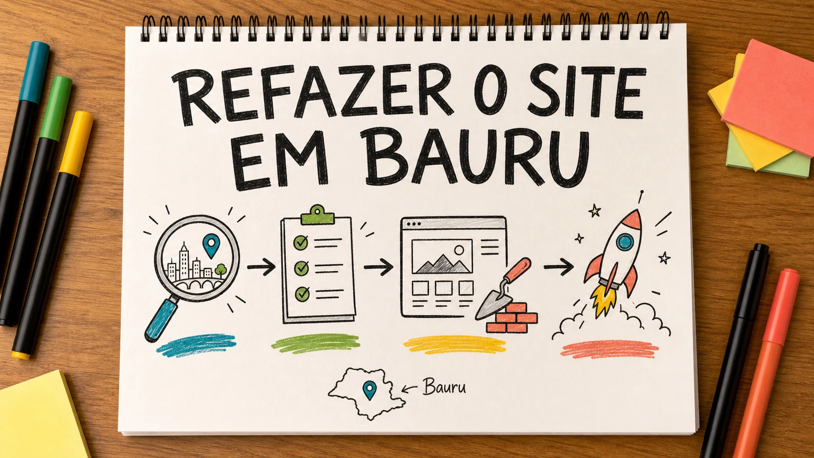 Caderno colorido conecta site de empresa a mapa, fachada e bairros de Bauru