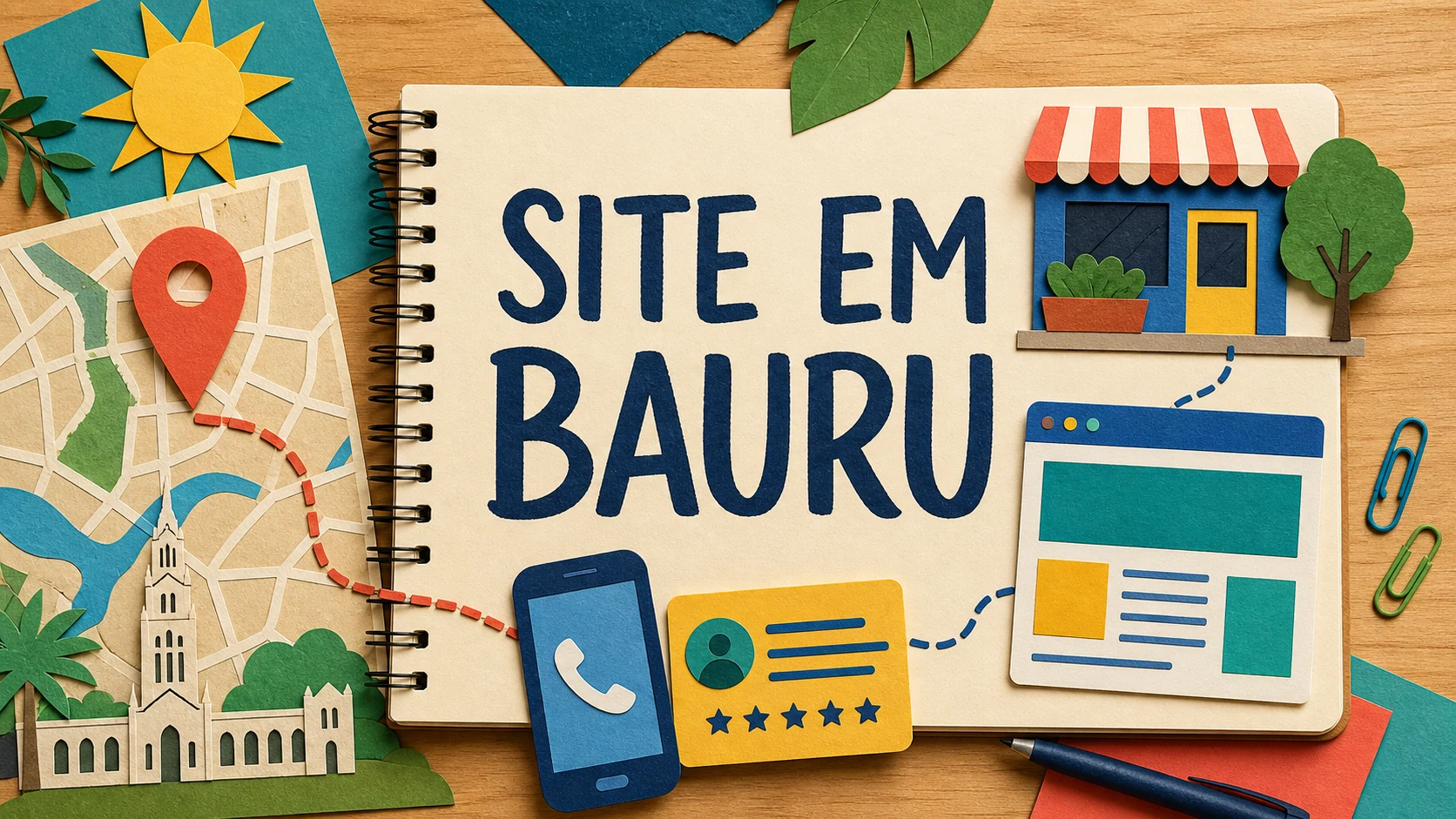 Caderno colorido conecta site de empresa a mapa, fachada e bairros de Bauru