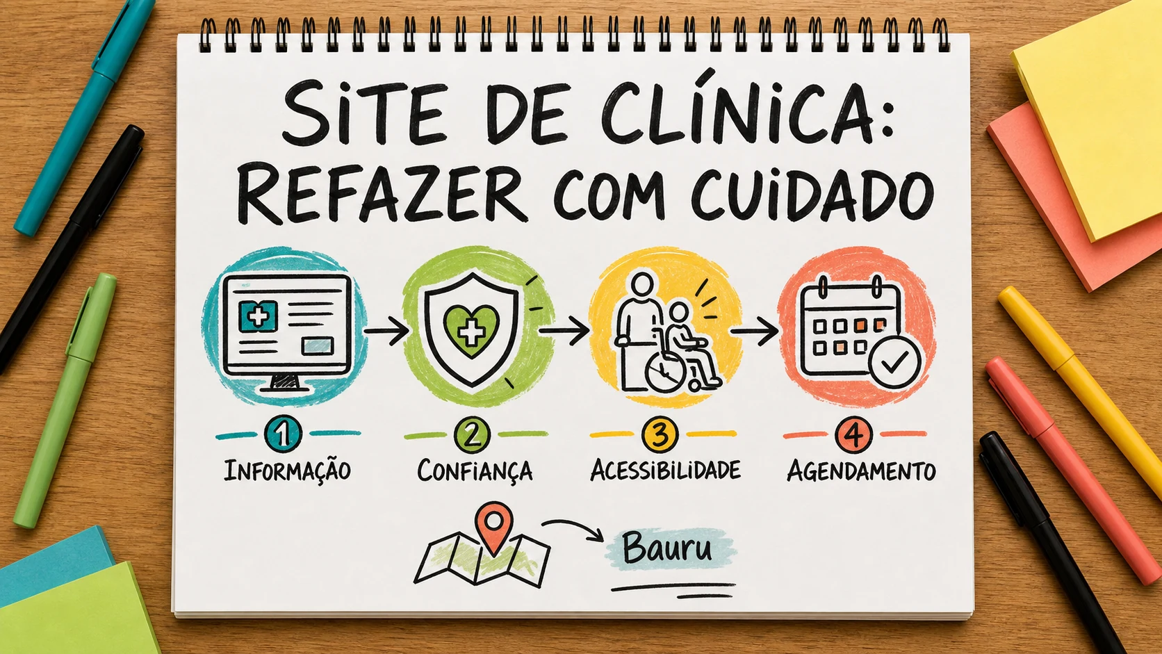 Caderno colorido organiza especialidades, equipe e agendamento de clínica