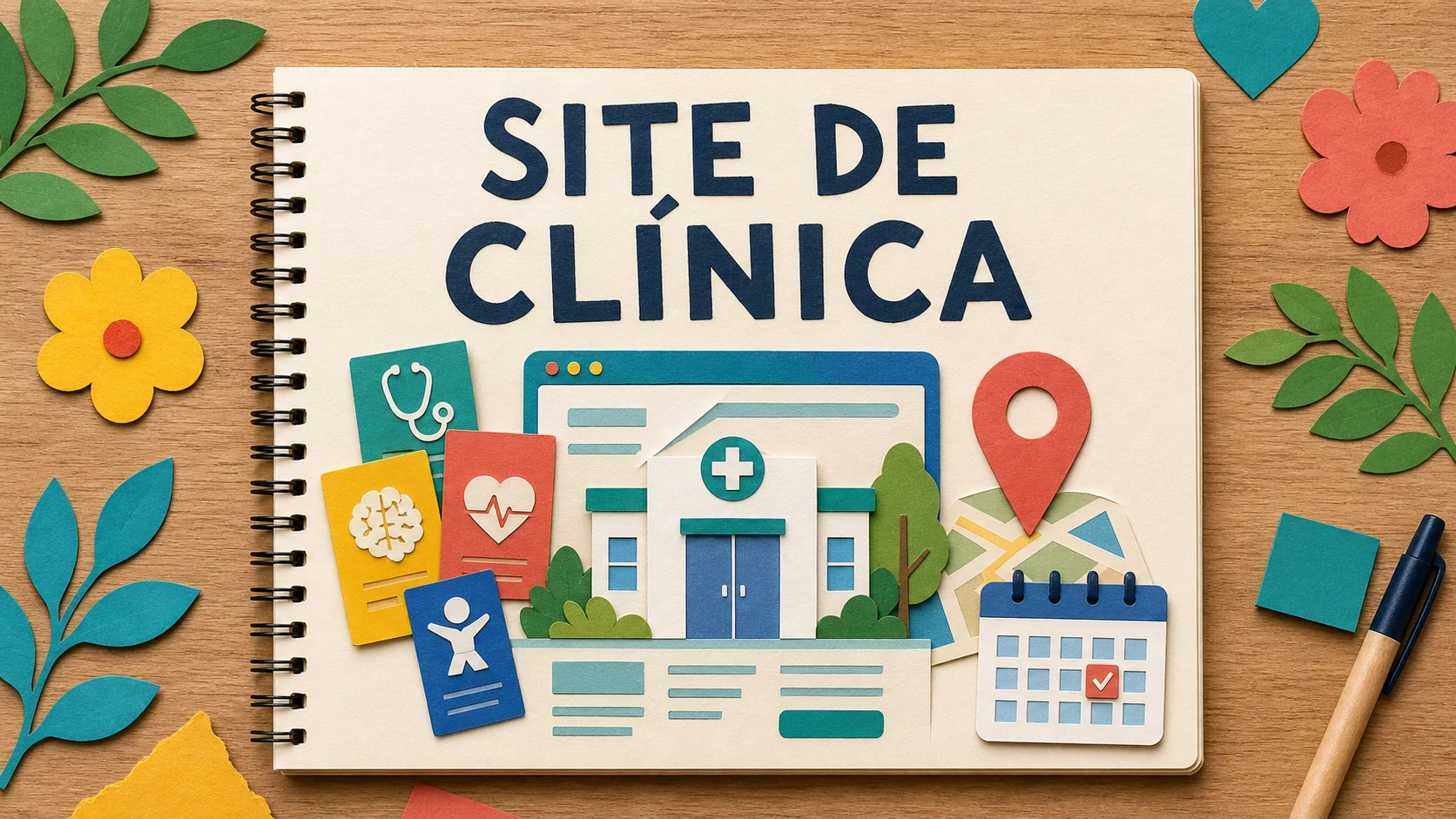 Caderno colorido organiza especialidades, equipe e agendamento de clínica