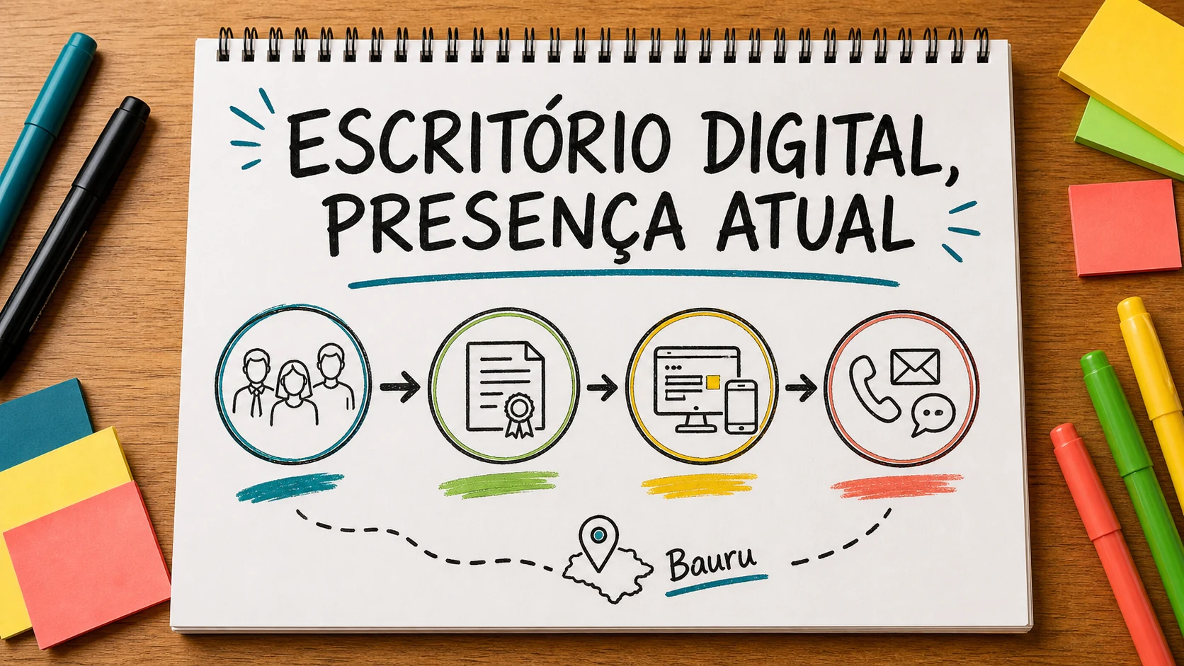 Caderno colorido organiza áreas de atuação, equipe e reunião de escritório