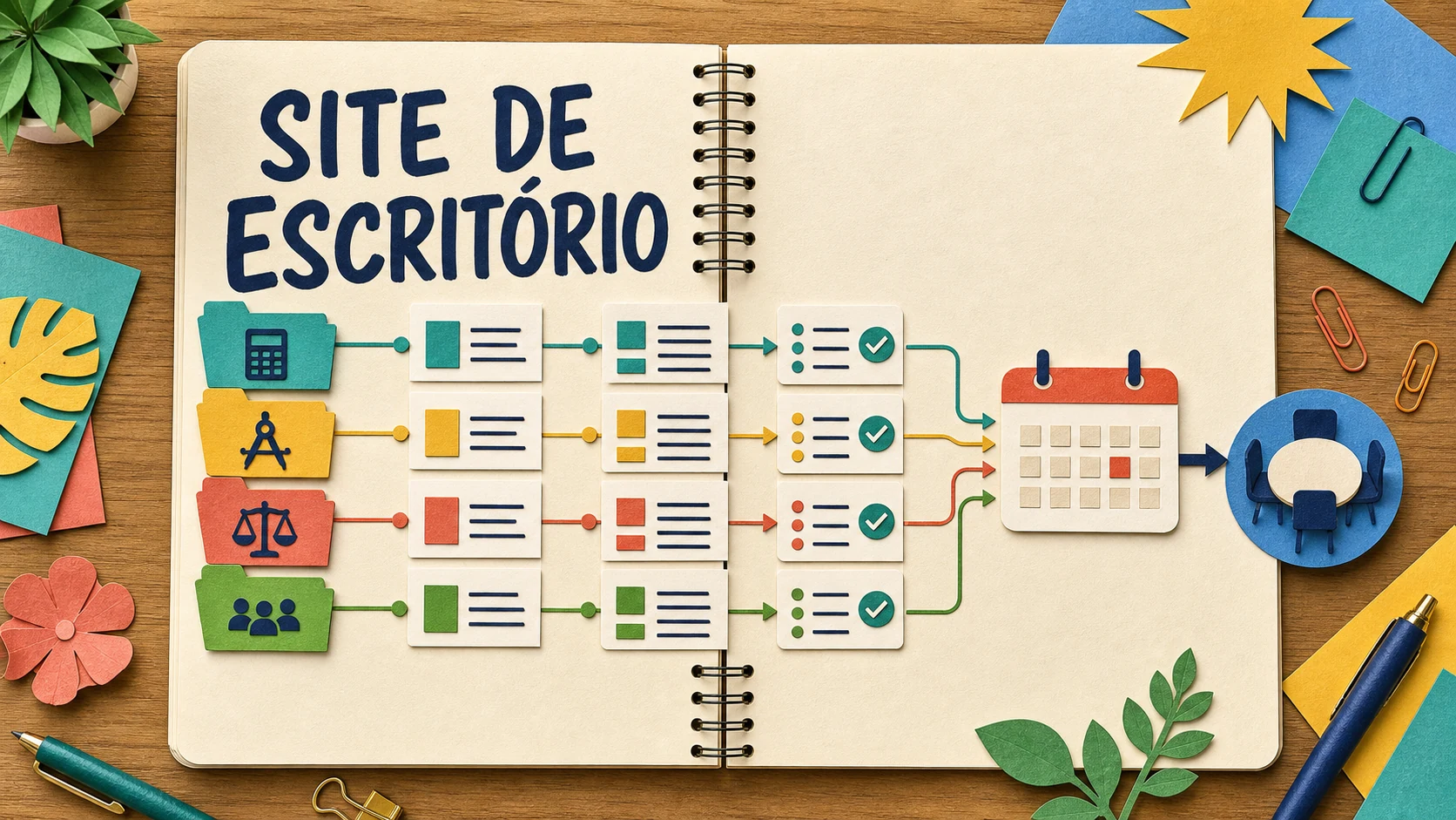 Caderno colorido organiza áreas de atuação, equipe e reunião de escritório