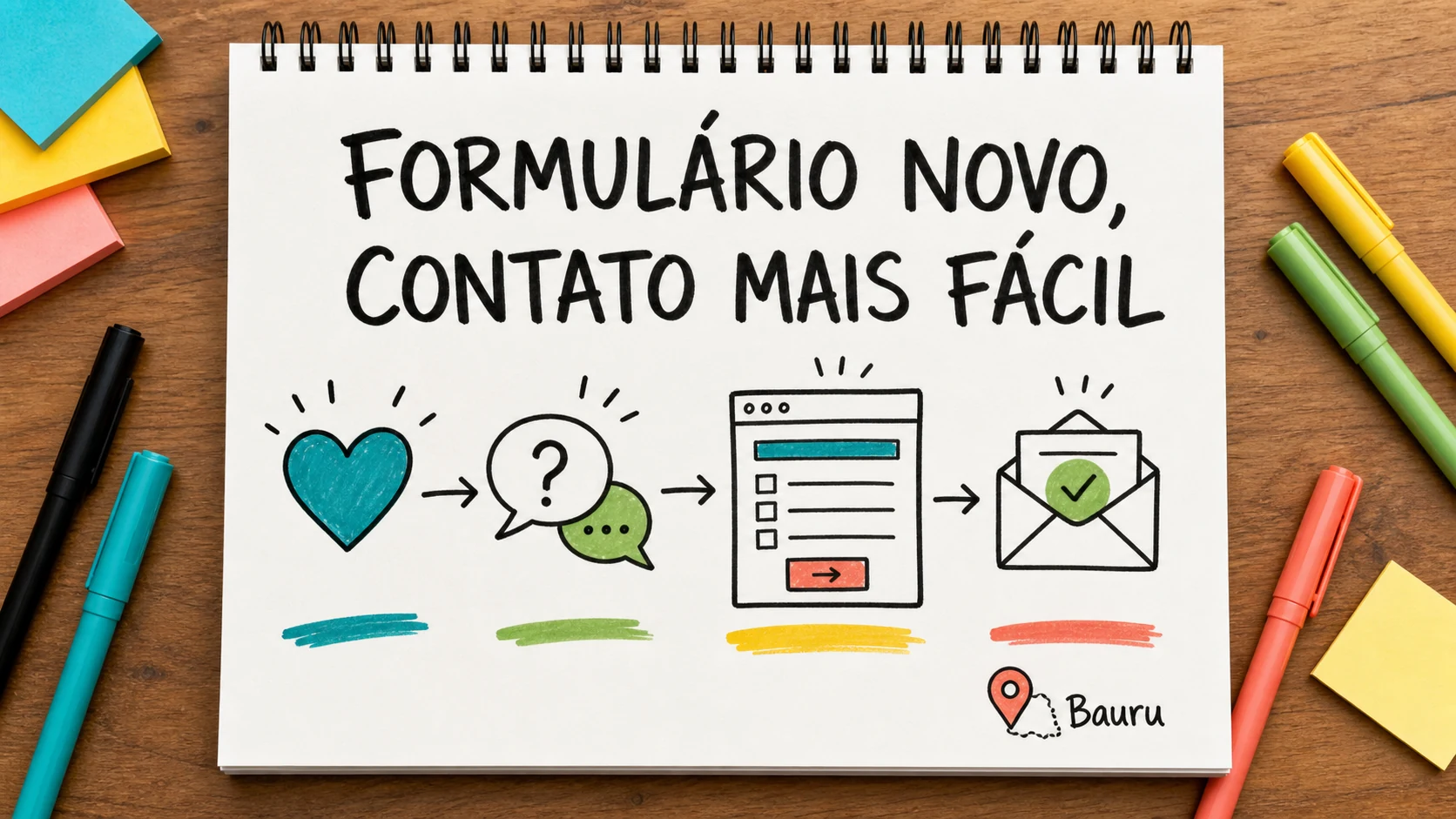 Caderno colorido organiza campos essenciais de um pedido de orçamento