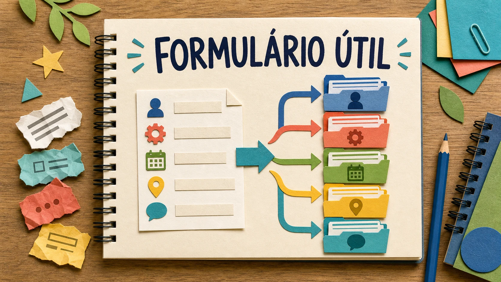 Caderno colorido organiza campos essenciais de um pedido de orçamento
