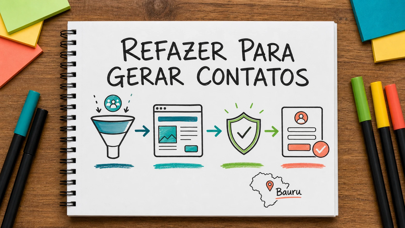 Caderno colorido mostra caminho entre visita no site e conversa no celular
