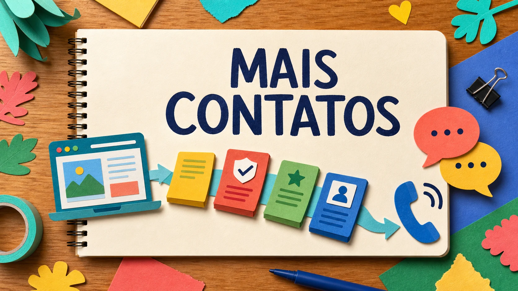 Caderno colorido mostra caminho entre visita no site e conversa no celular