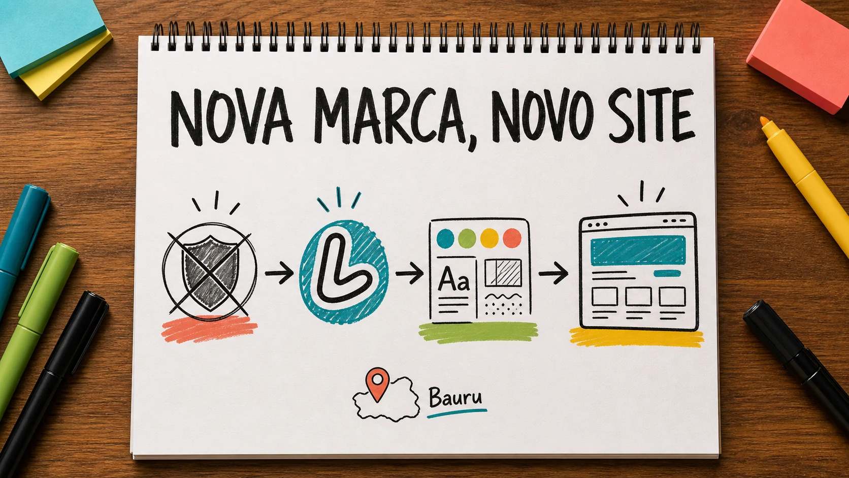 Caderno colorido alinha nova marca, público e serviços numa página atualizada