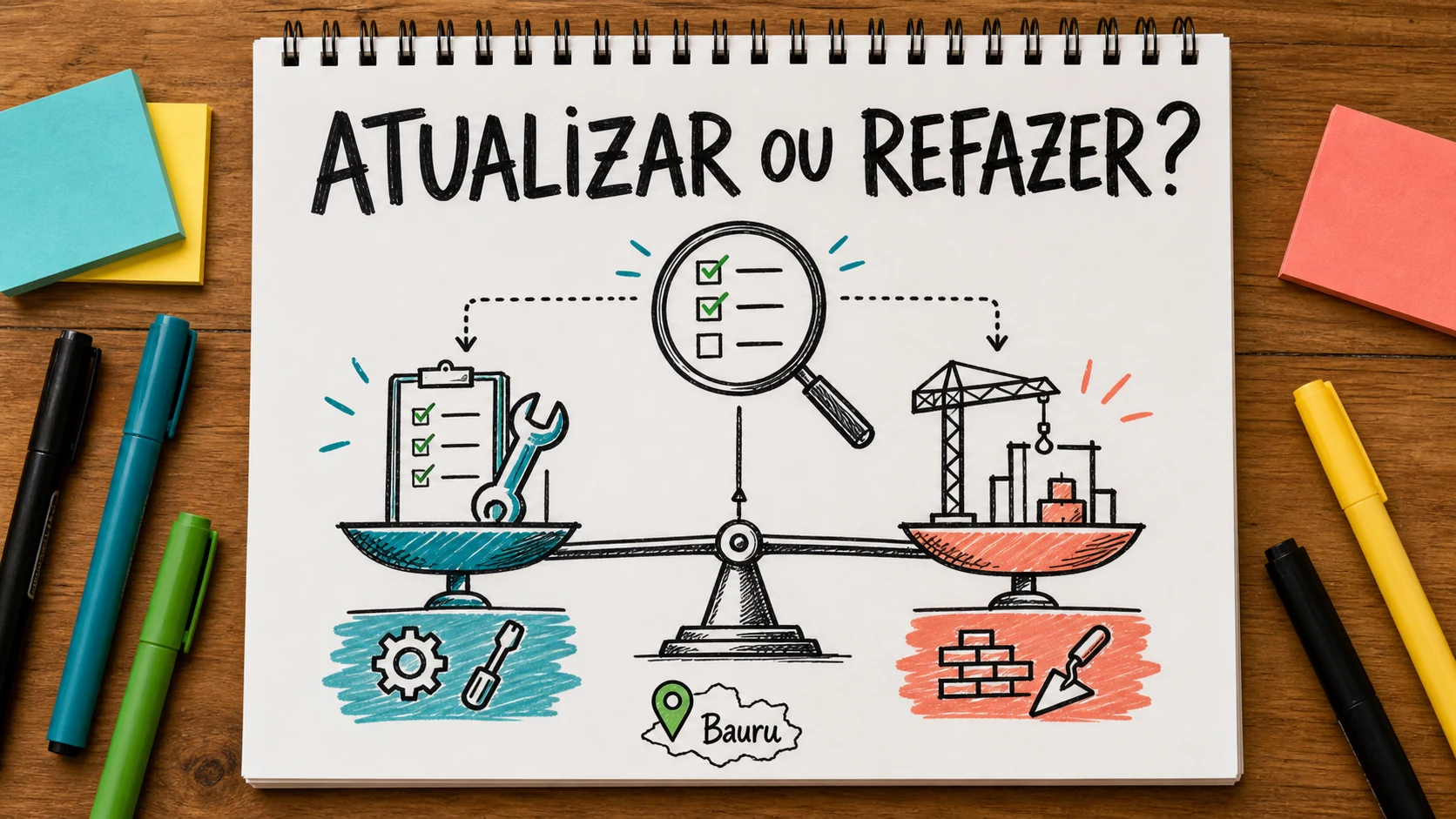 Caderno colorido compara atualizar e refazer site com peças reaproveitadas