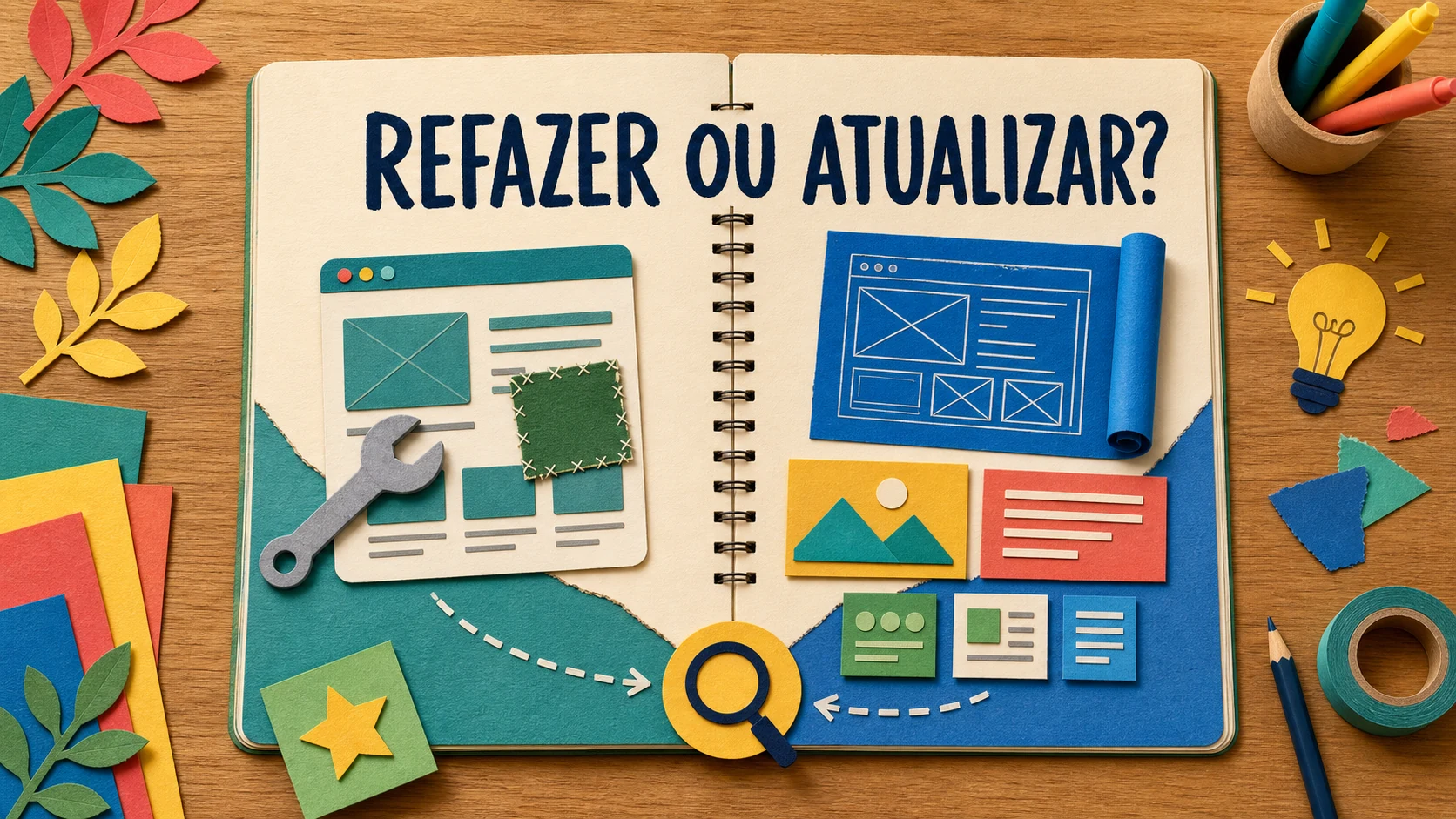 Caderno colorido compara atualizar e refazer site com peças reaproveitadas