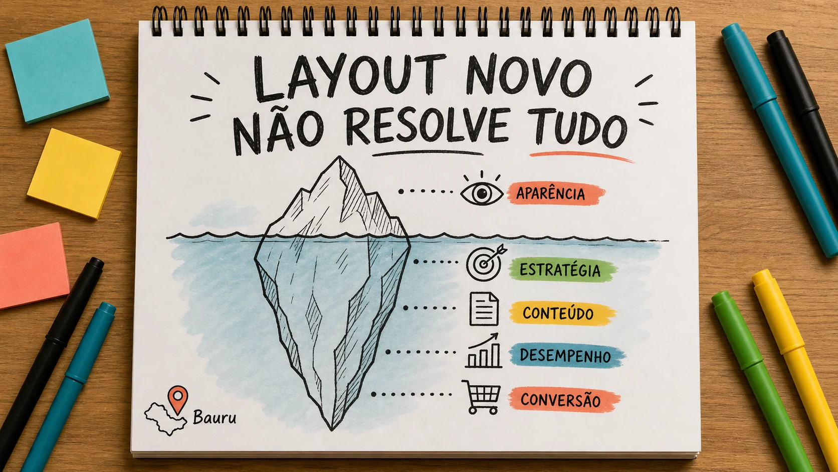 Caderno colorido separa camada visual de estrutura e conteúdo do site