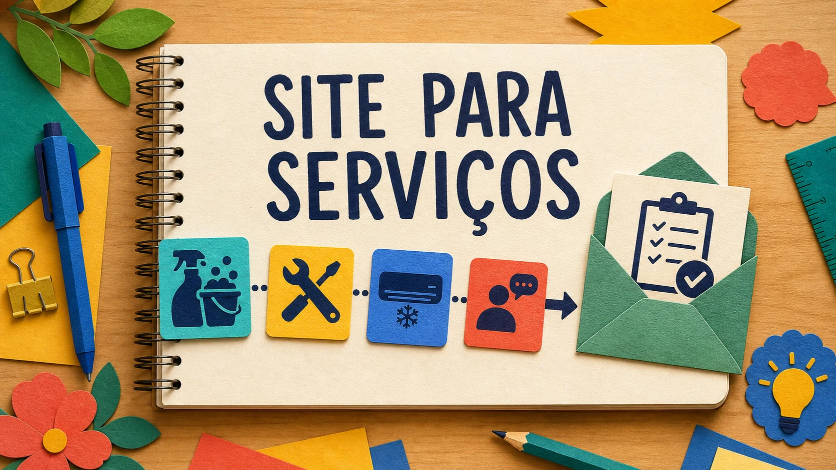Caderno colorido organiza serviços locais em caminhos para orçamento