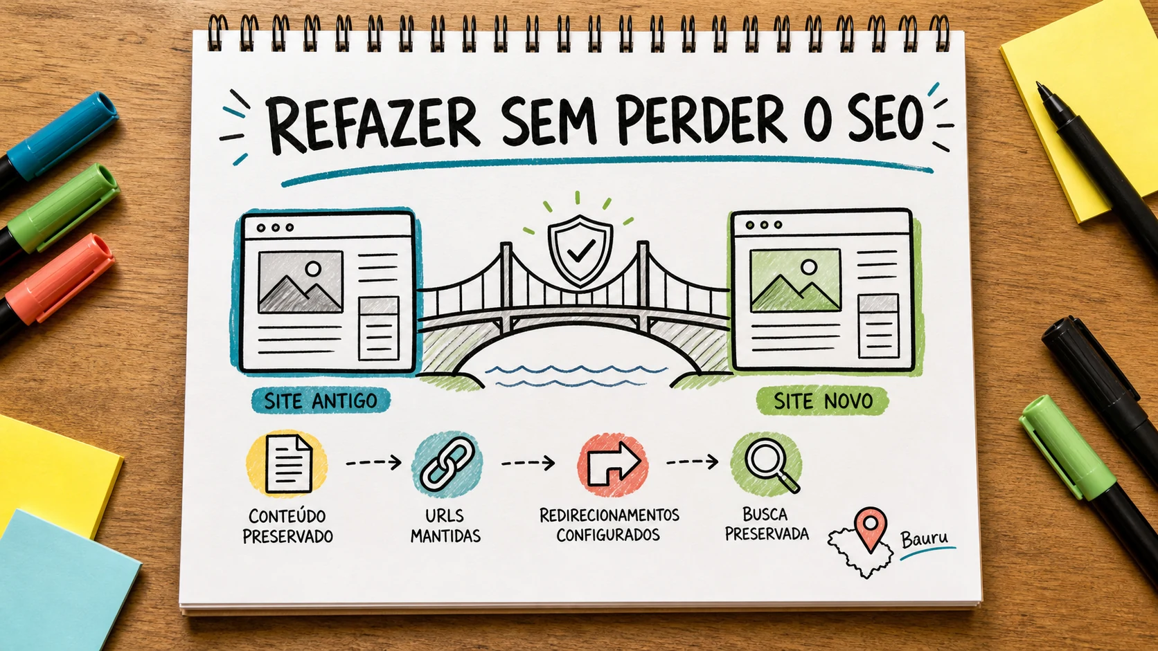 Caderno colorido liga páginas antigas e novas com setas de redirecionamento