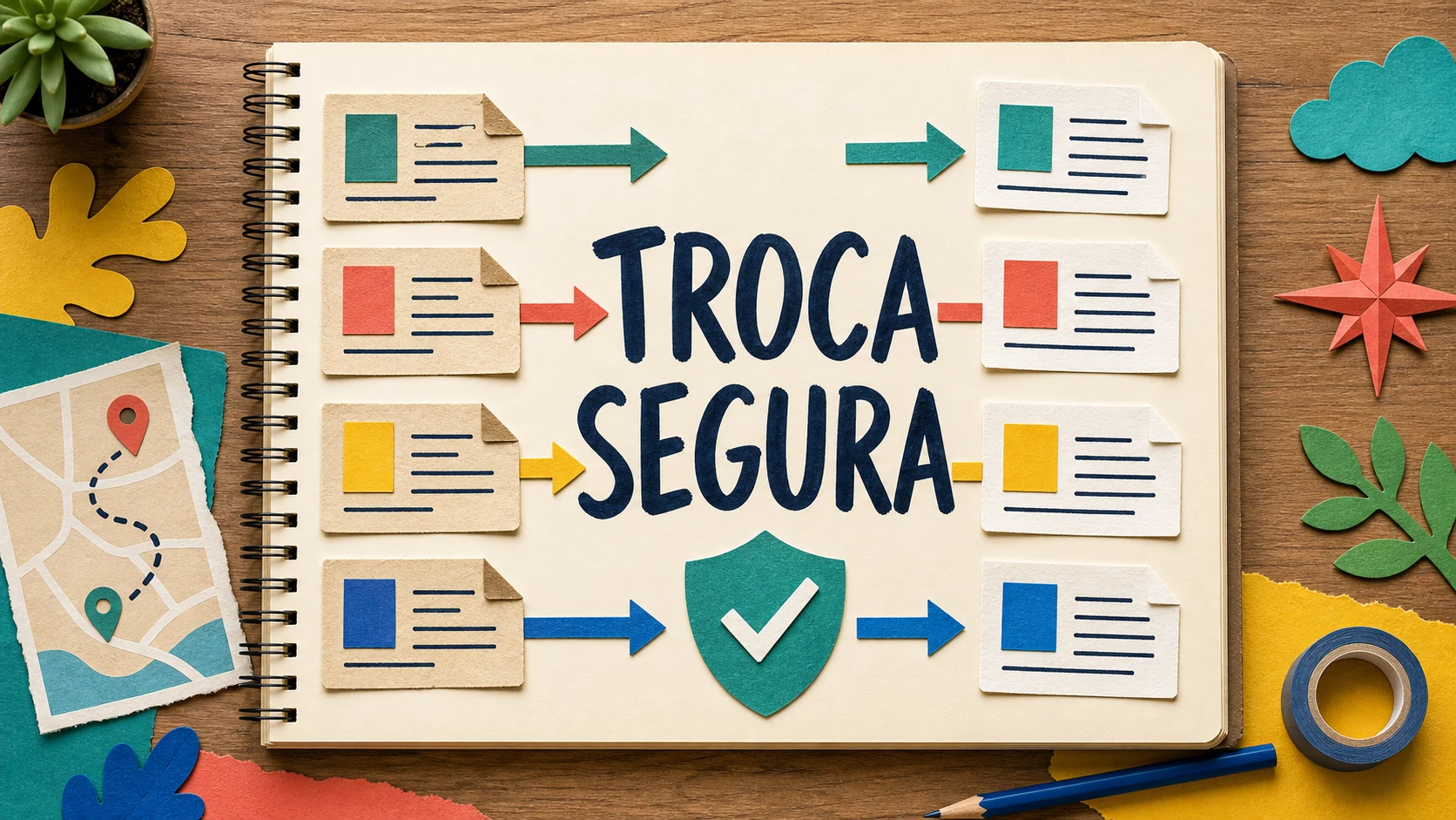 Caderno colorido liga páginas antigas e novas com setas de redirecionamento