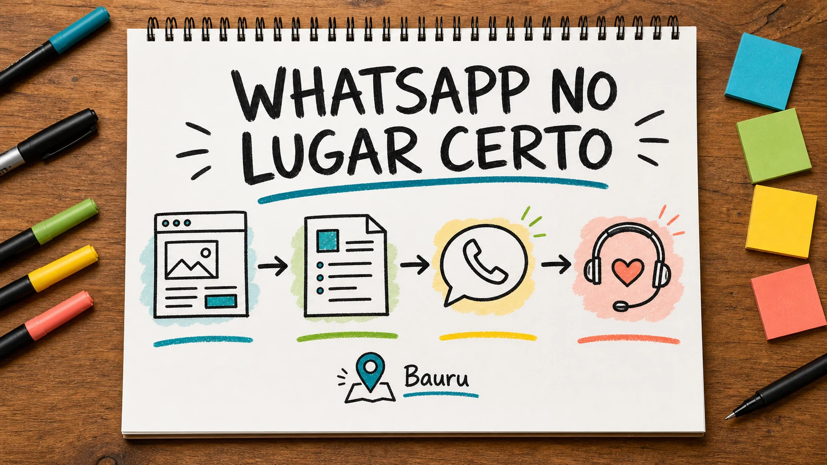 Caderno colorido transforma clique no site em conversa de WhatsApp com contexto