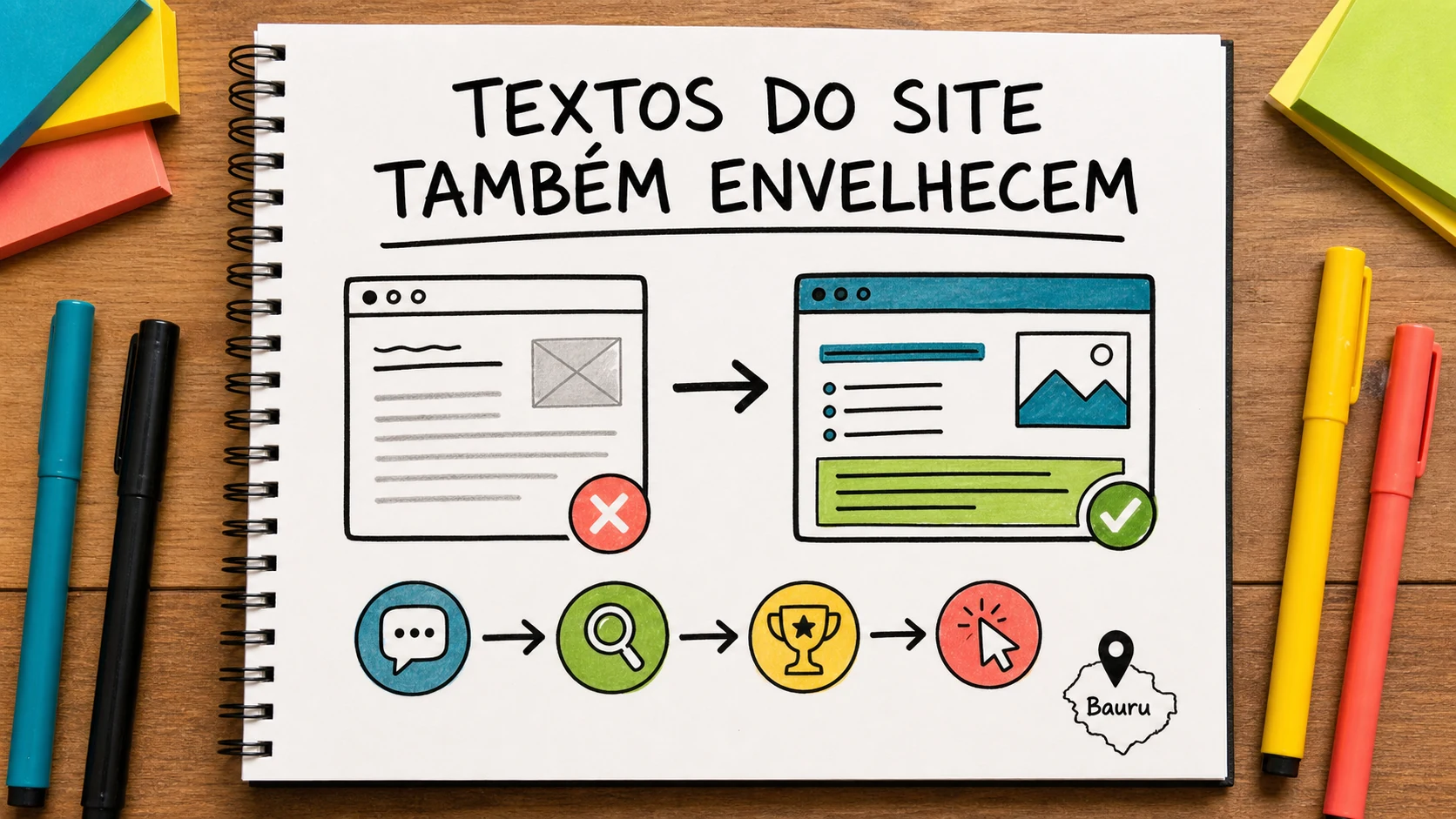 Caderno colorido troca frases genéricas por respostas claras sobre serviços