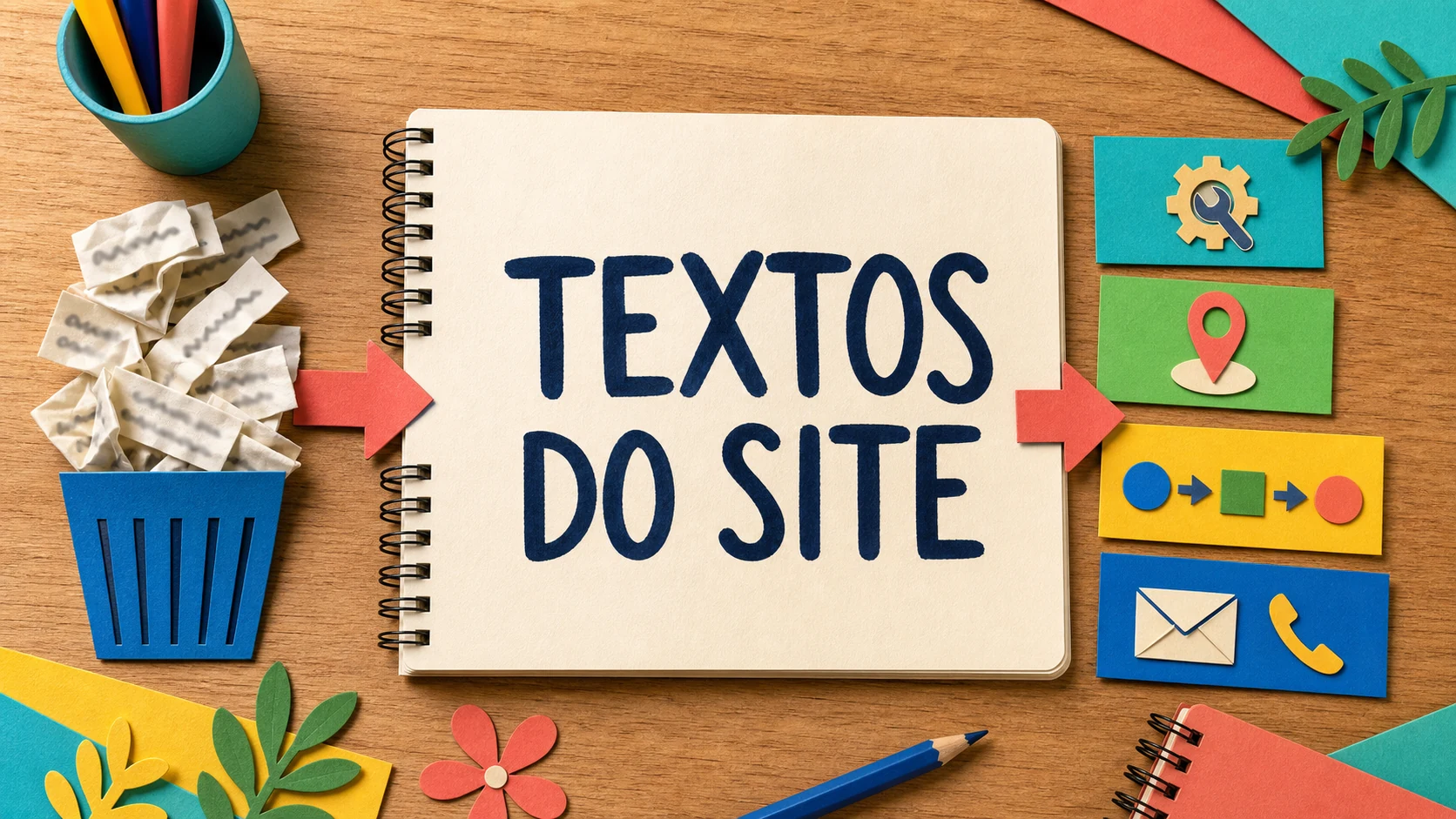 Caderno colorido troca frases genéricas por respostas claras sobre serviços