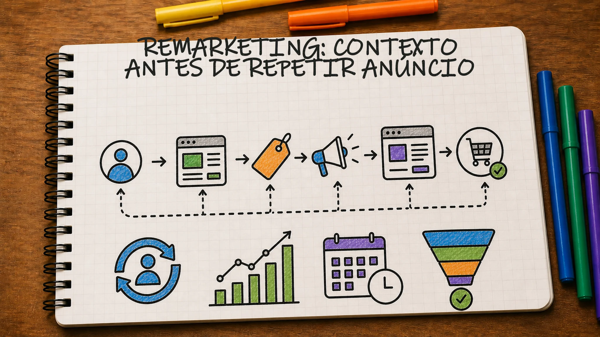 Caderno ilustrado sobre gestor de remarketing, mostrando estágio, janela, exclusão, contexto
