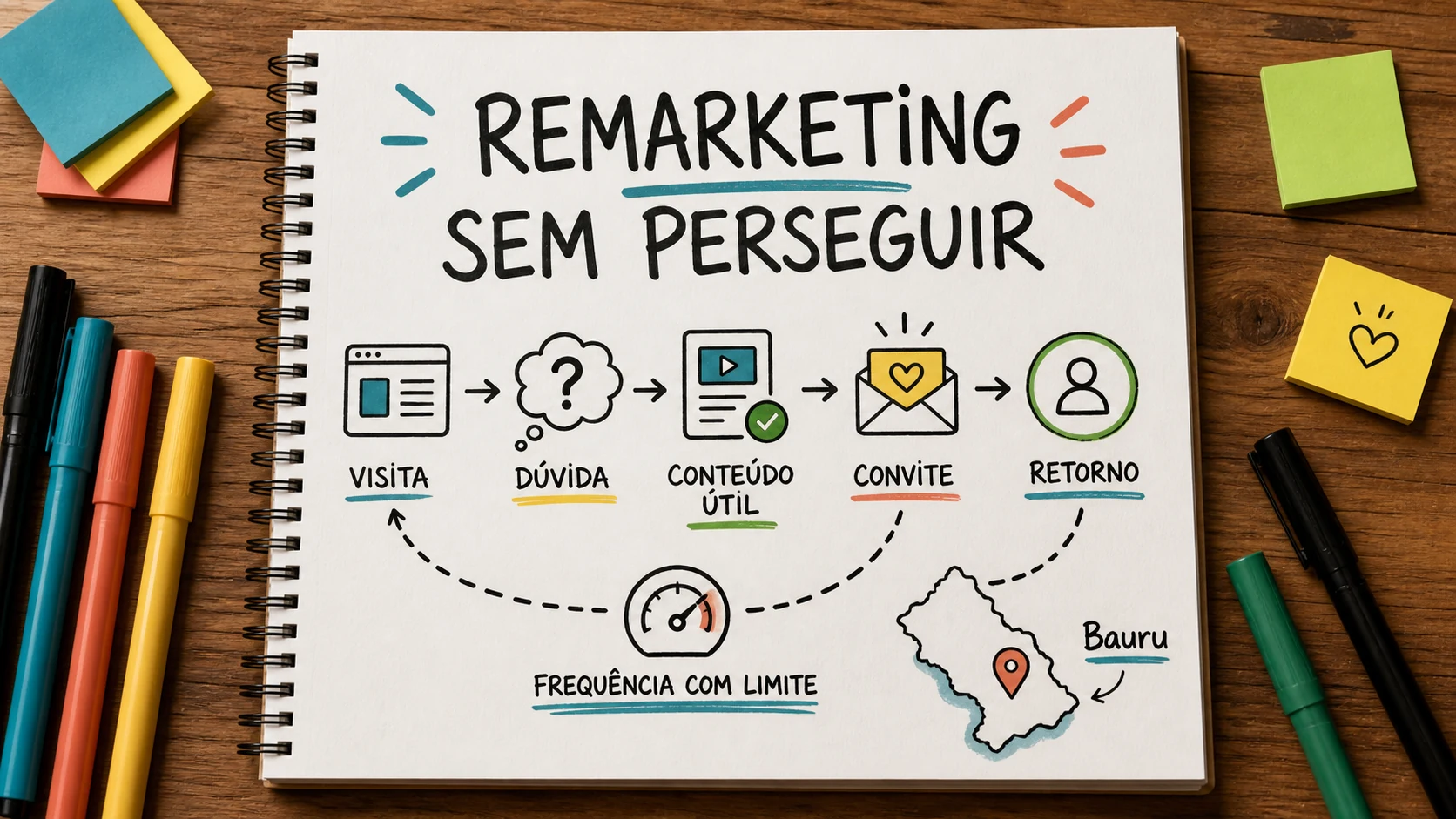 Caderno ilustrado sobre remarketing no Instagram, com etapas de campanha, atendimento e venda