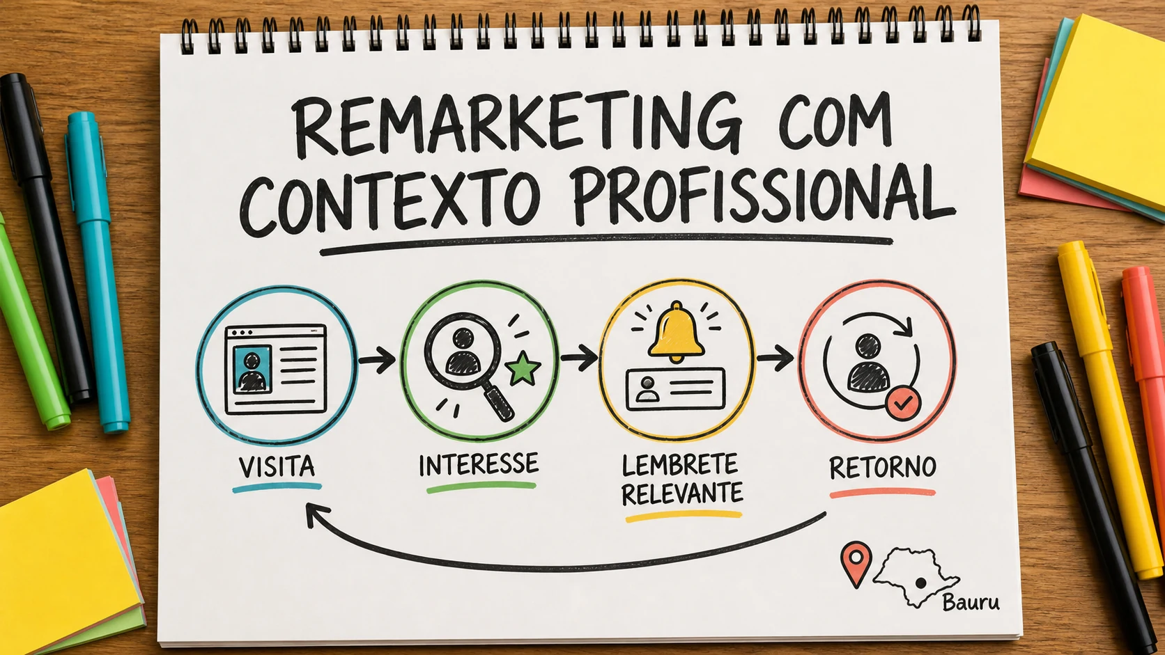 Caderno ilustrado com visita, conteúdo, prova e convite numa sequência de remarketing no LinkedIn.