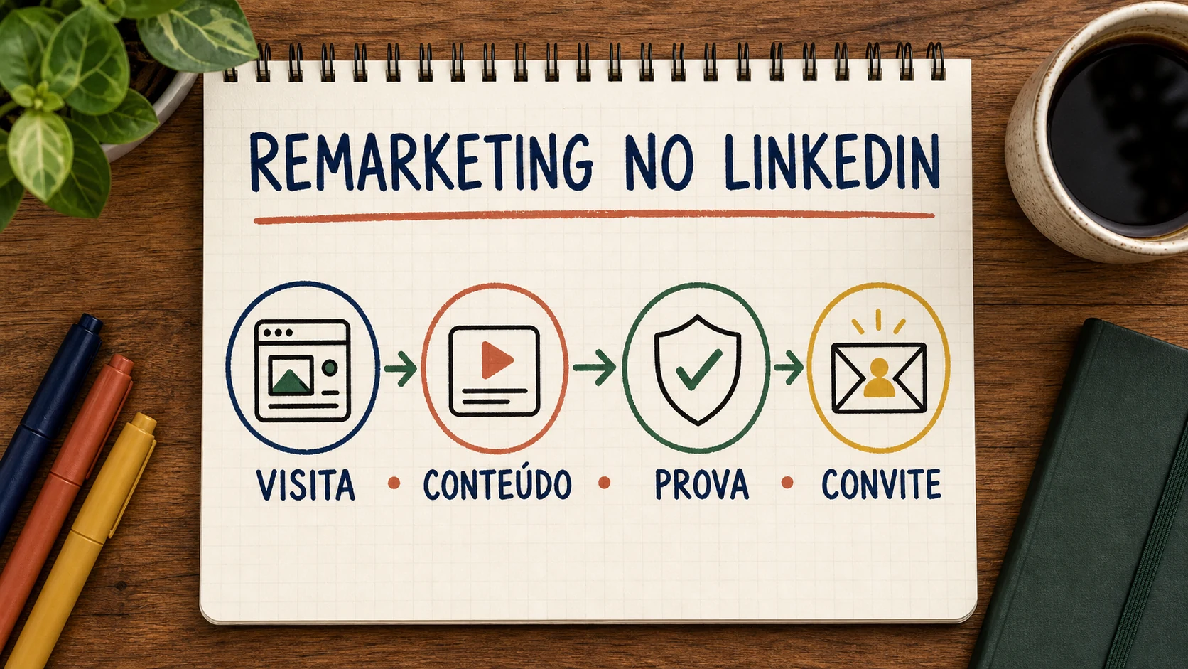 Caderno ilustrado com visita, conteúdo, prova e convite numa sequência de remarketing no LinkedIn.