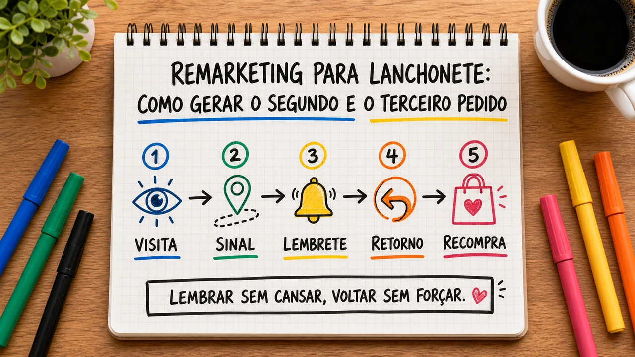 Composição editorial sobre remarketing para lanchonete conectando campanha, atendimento e resultado