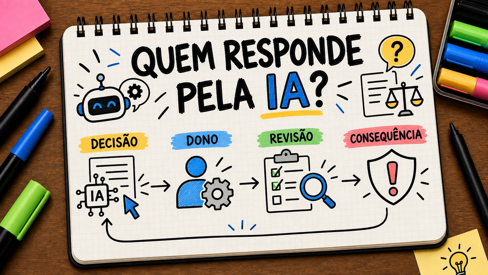 Responsabilidade por decisões automatizadas conectando decisão, dono, revisão e consequência