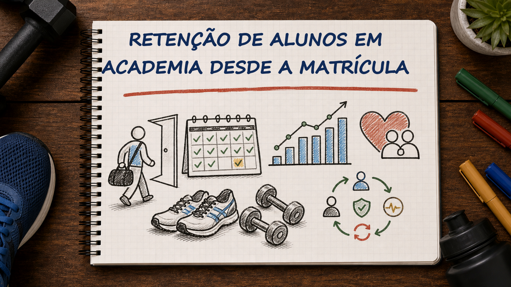 Caderno com guia visual sobre retenção de alunos academia para gestores de academias