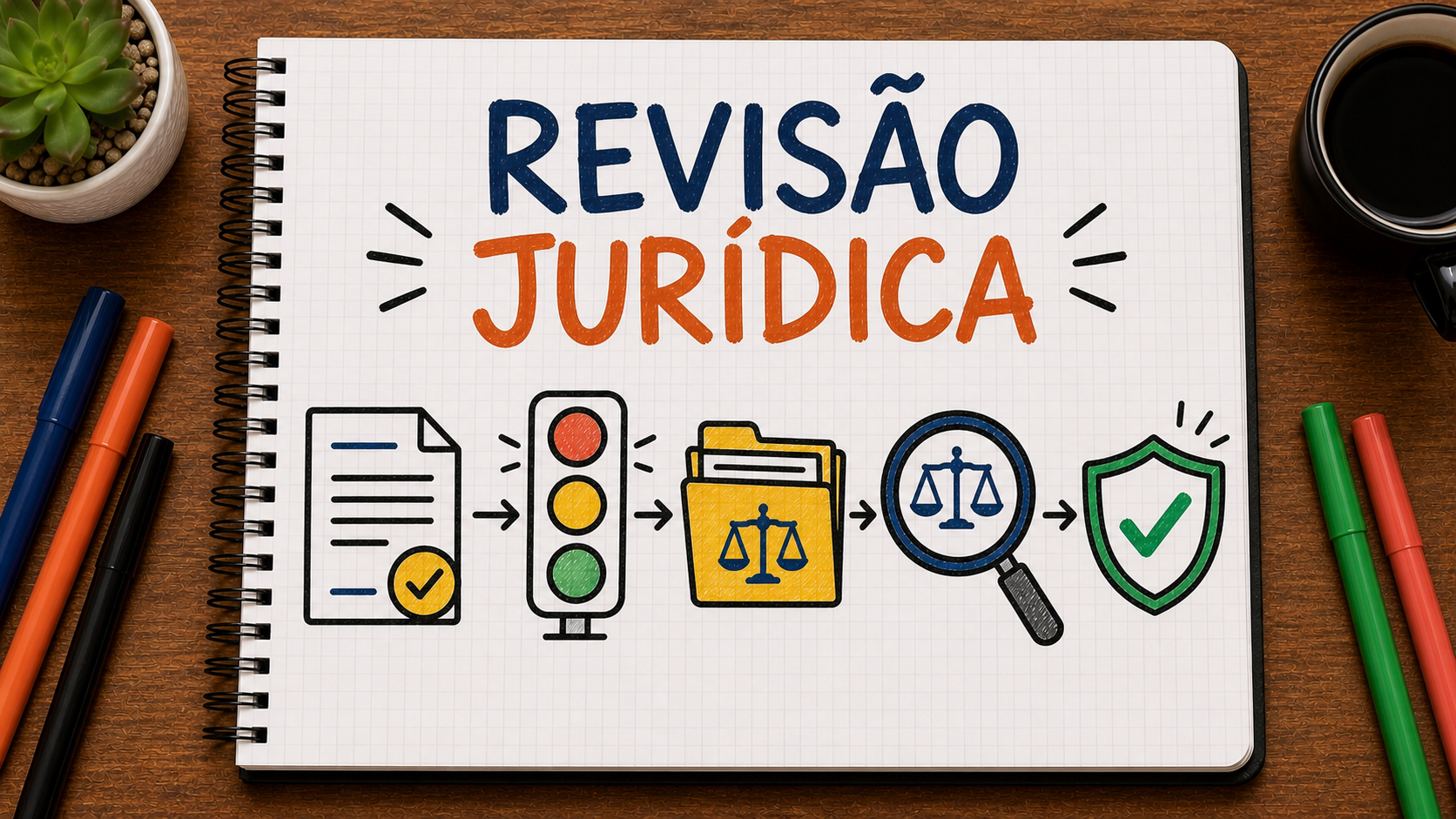 Caderno ilustrado sobre revisão jurídica de conteúdo, mostrando risco, prova, revisão, registro