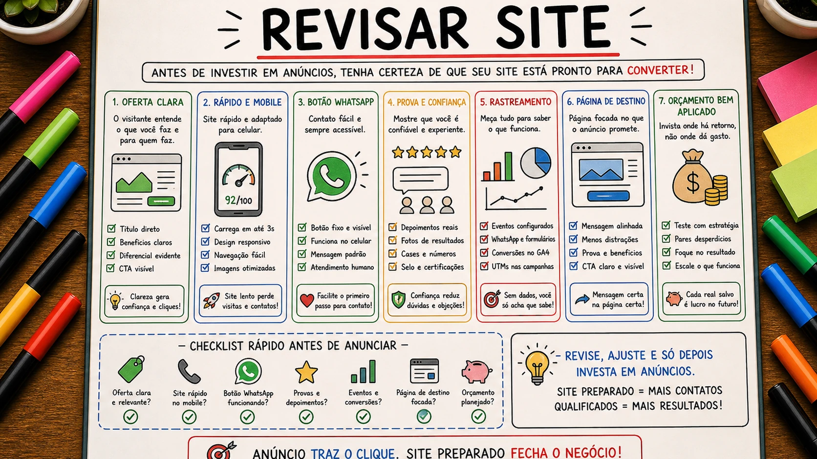 Revisar site antes de anunciar com checklist de página, WhatsApp e conversão