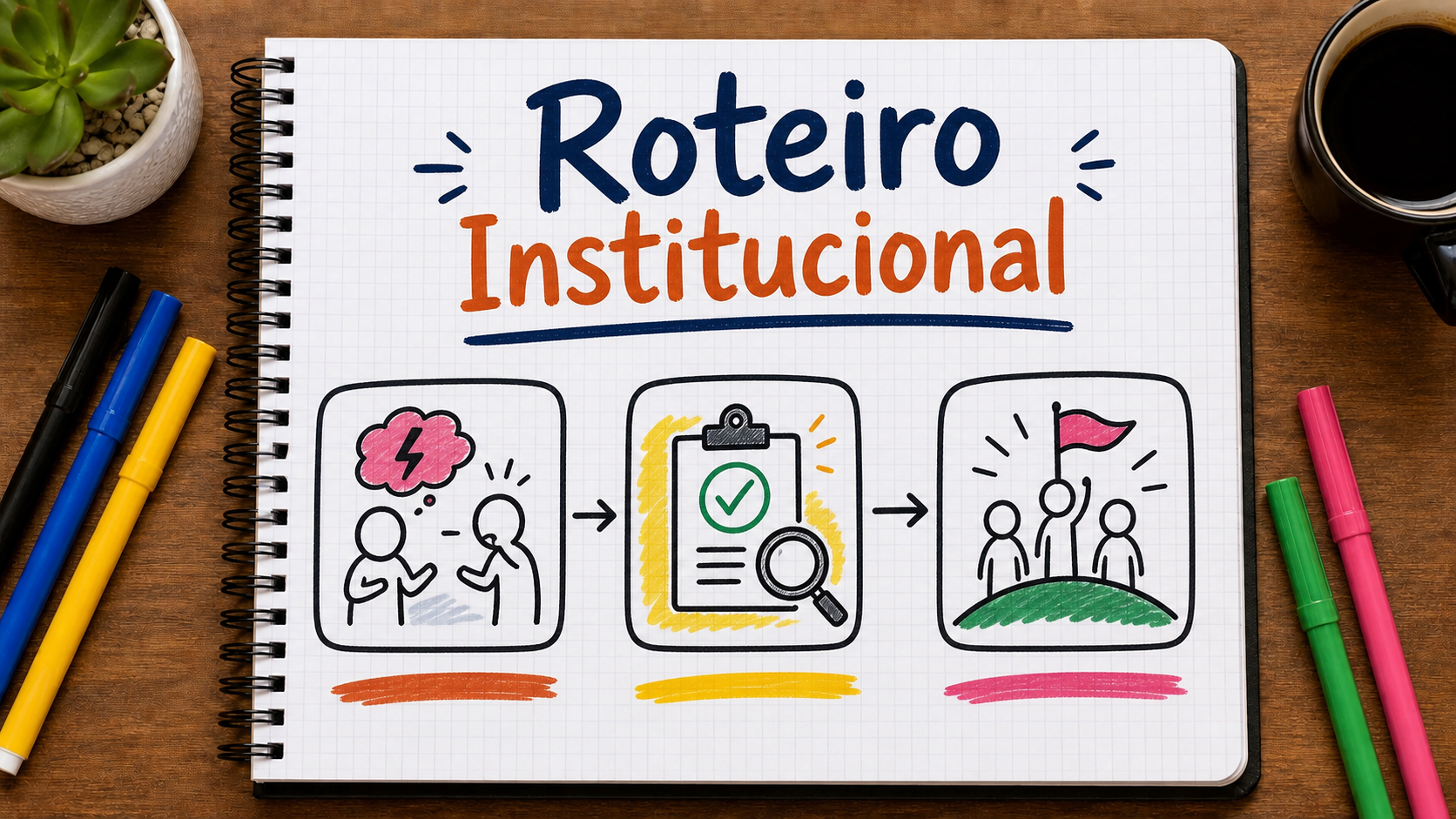 Caderno com mapa visual sobre roteiro de vídeo institucional aplicado à estratégia de marketing