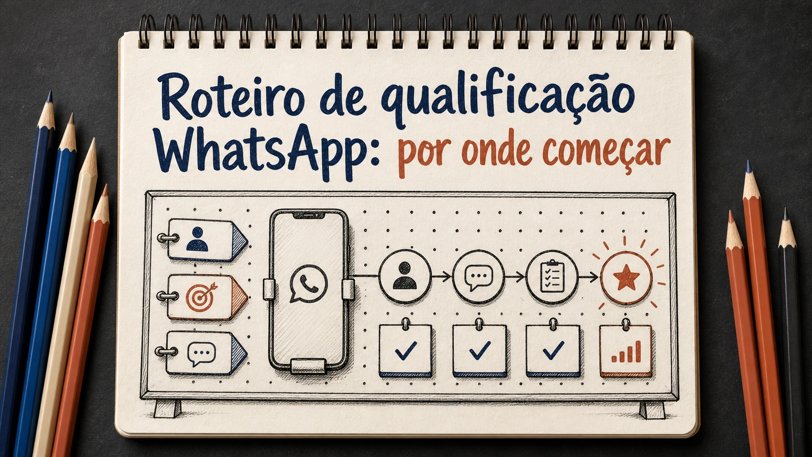 Roteiro de qualificação WhatsApp em uma cena editorial sobre diagnóstico, escolha e próximos passos.