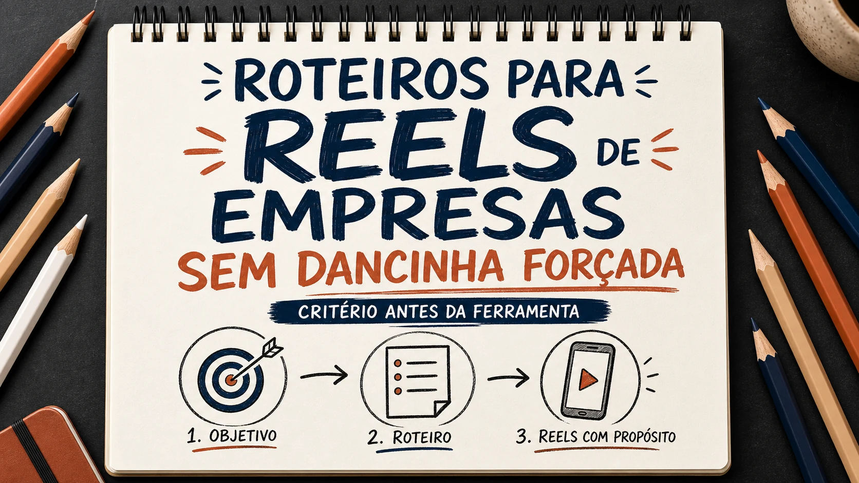 Roteiros para Reels de empresas organizado em uma capa editorial com critérios, canais e próximos passos.