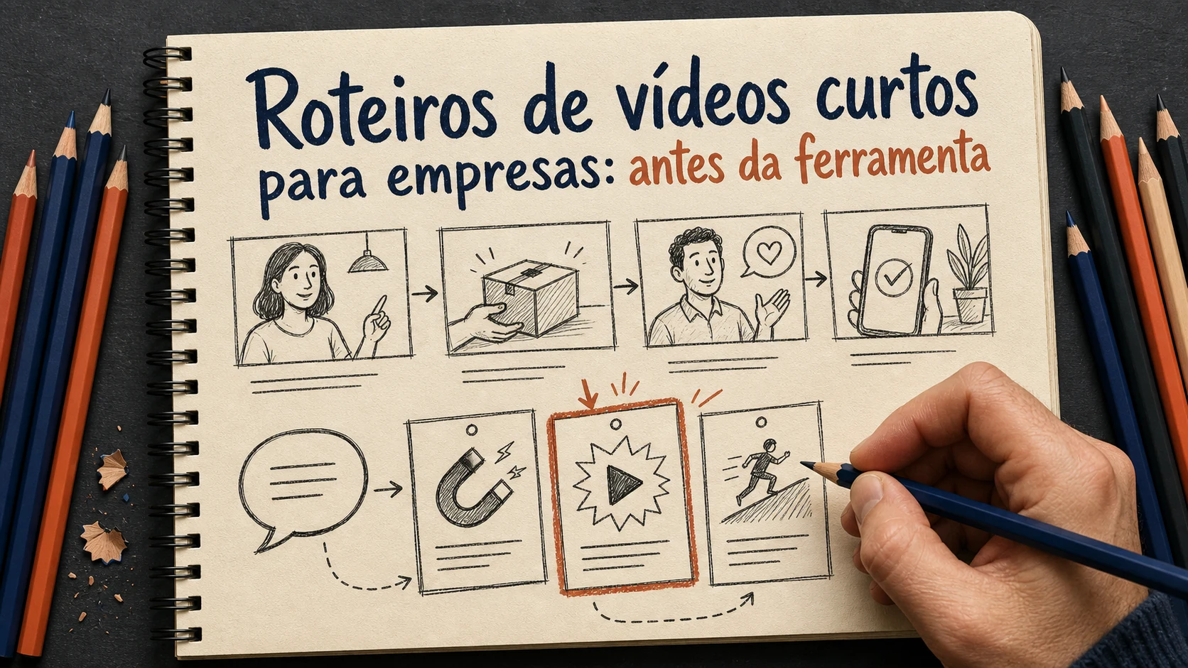 Roteiros de vídeos curtos para empresas em uma cena editorial sobre diagnóstico, escolha e próximos passos.