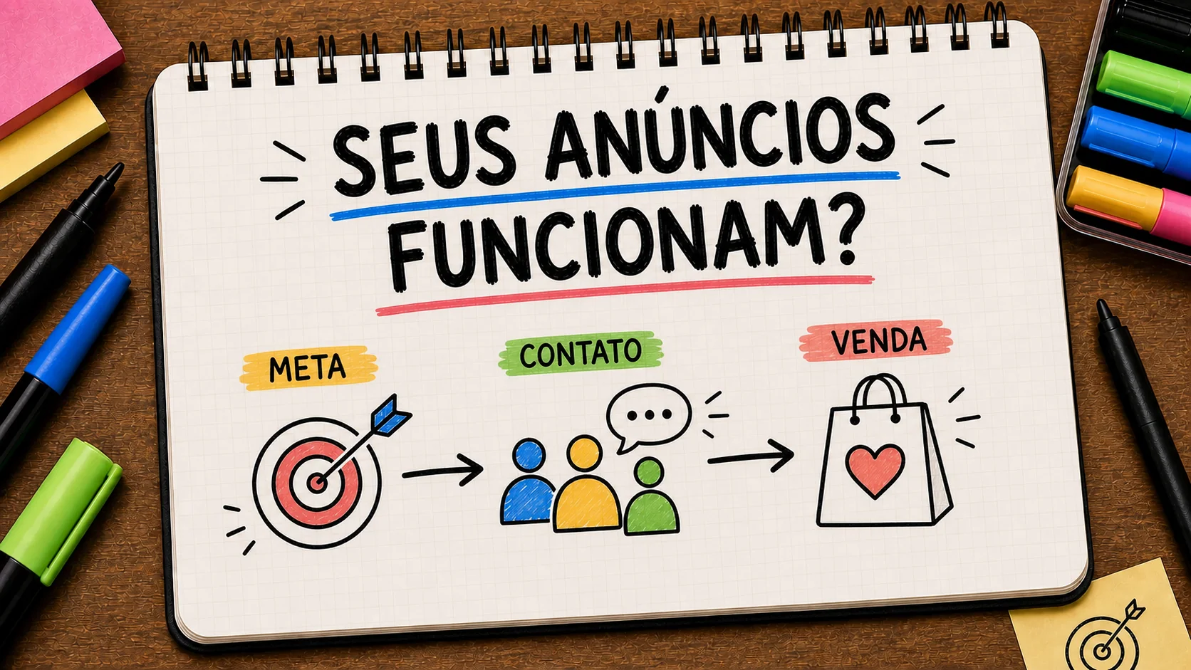 como saber se meus anúncios estão funcionando representado como caminho entre anúncio, contato e