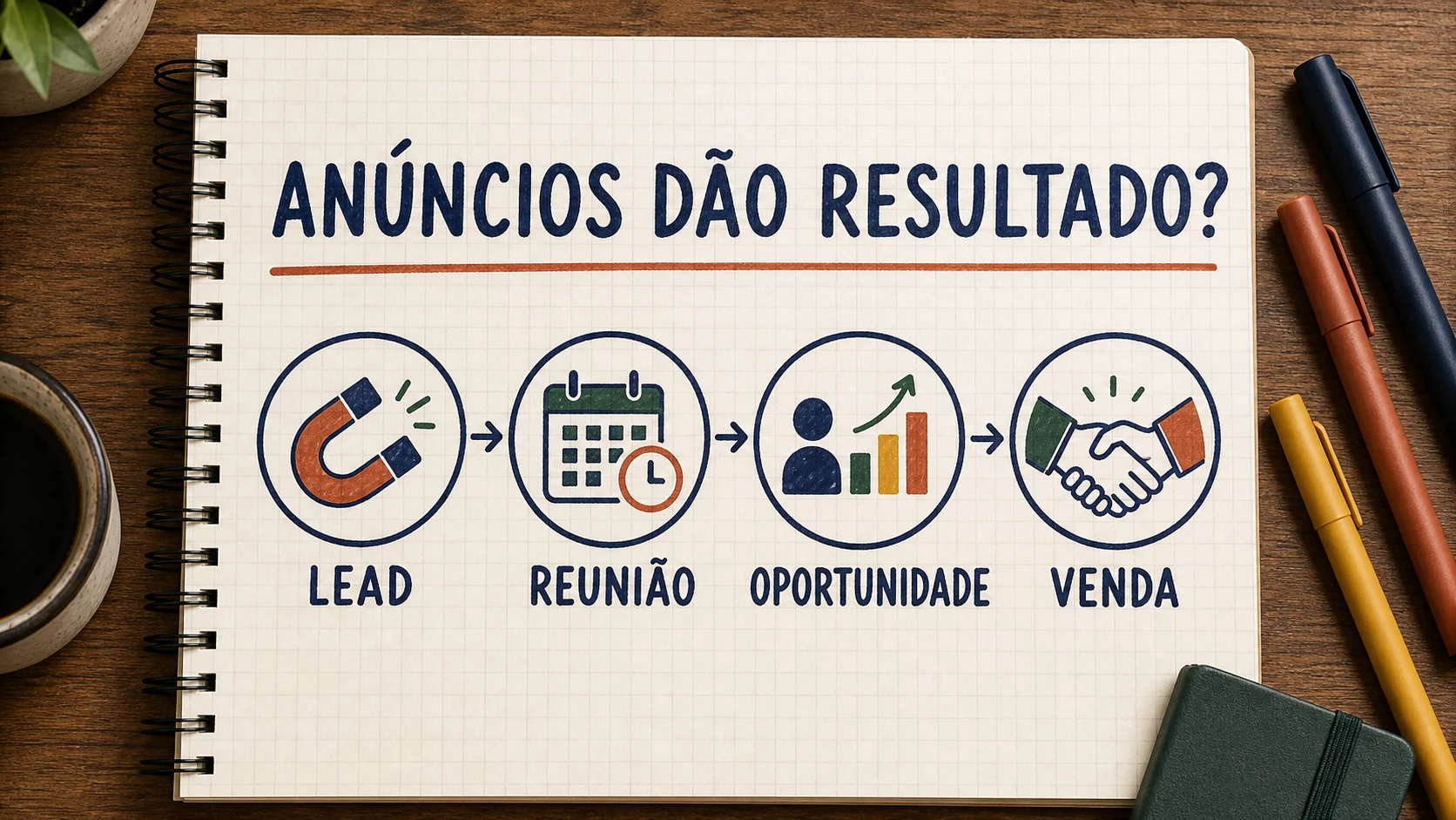 Caderno ilustrado com anúncio, lead, reunião, oportunidade e venda na medição de resultados do LinkedIn.