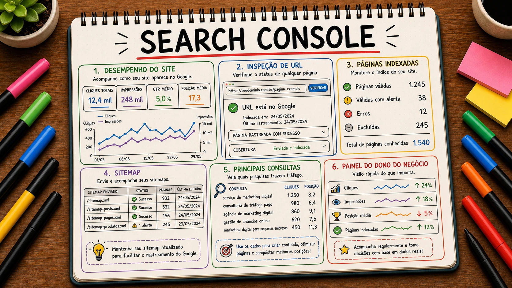Search Console para donos de negócio com telas de desempenho, páginas e inspeção de URL