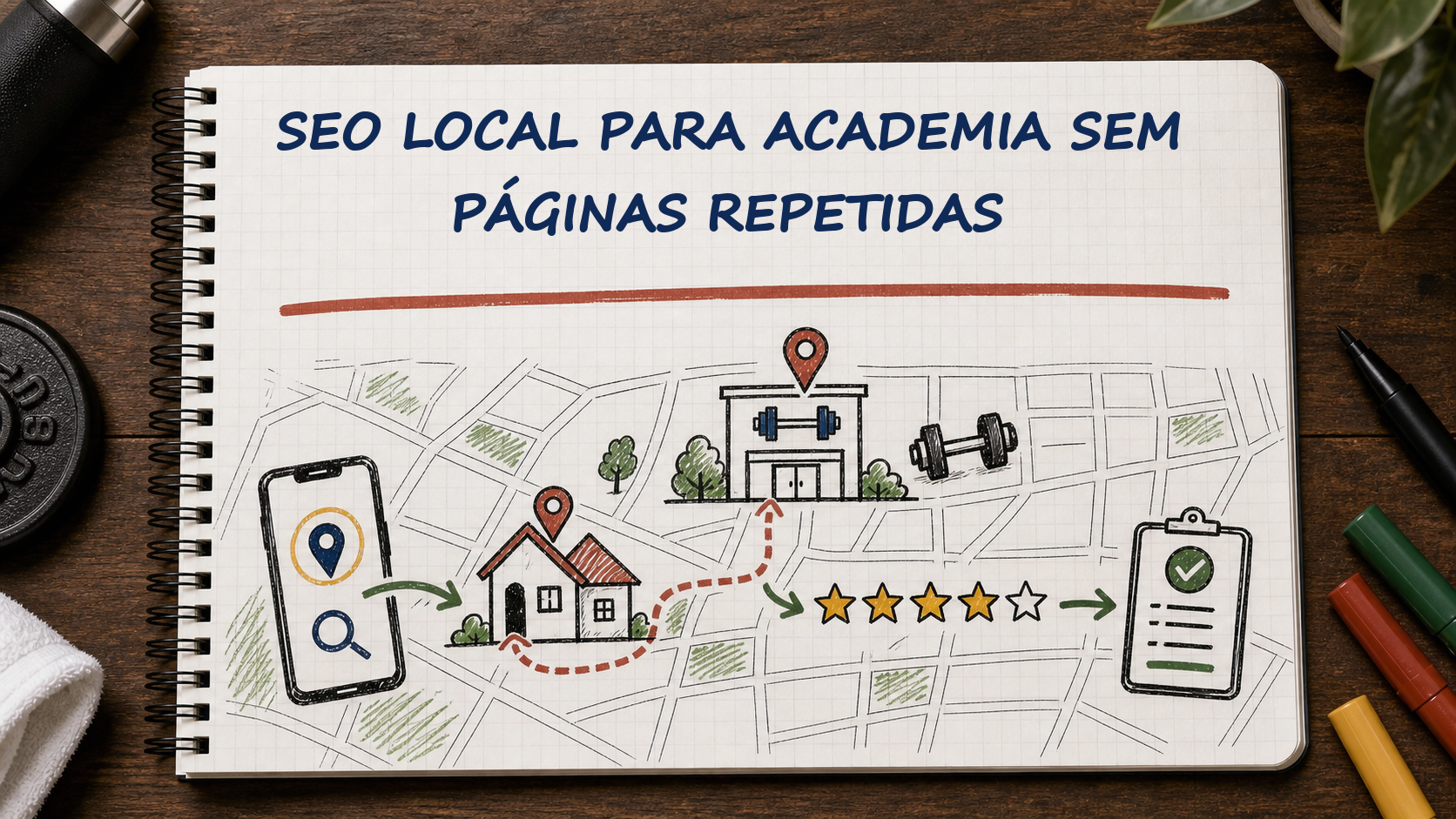 Caderno com guia visual sobre SEO local para academia para gestores de academias