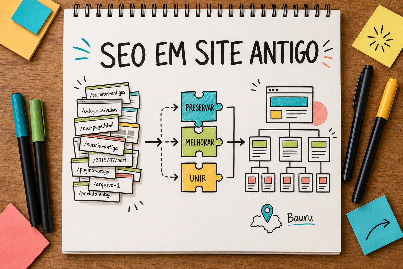 SEO em site antigo reorganizado com páginas, links e redirecionamentos preservados