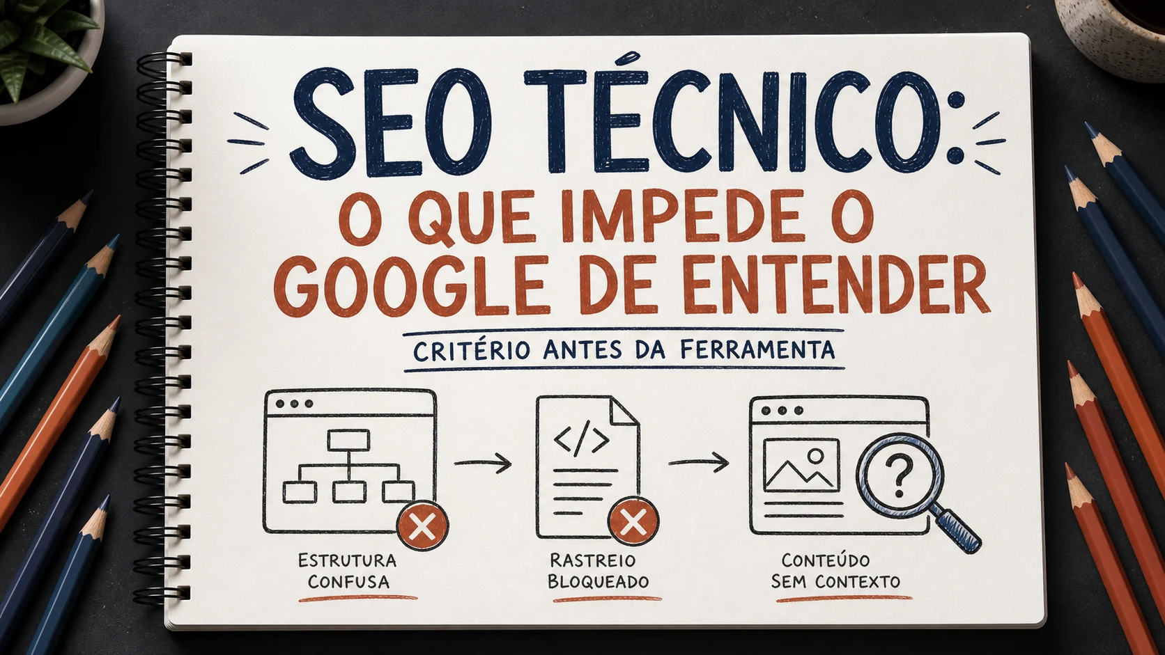 SEO técnico organizado em uma capa editorial com critérios, canais e próximos passos.