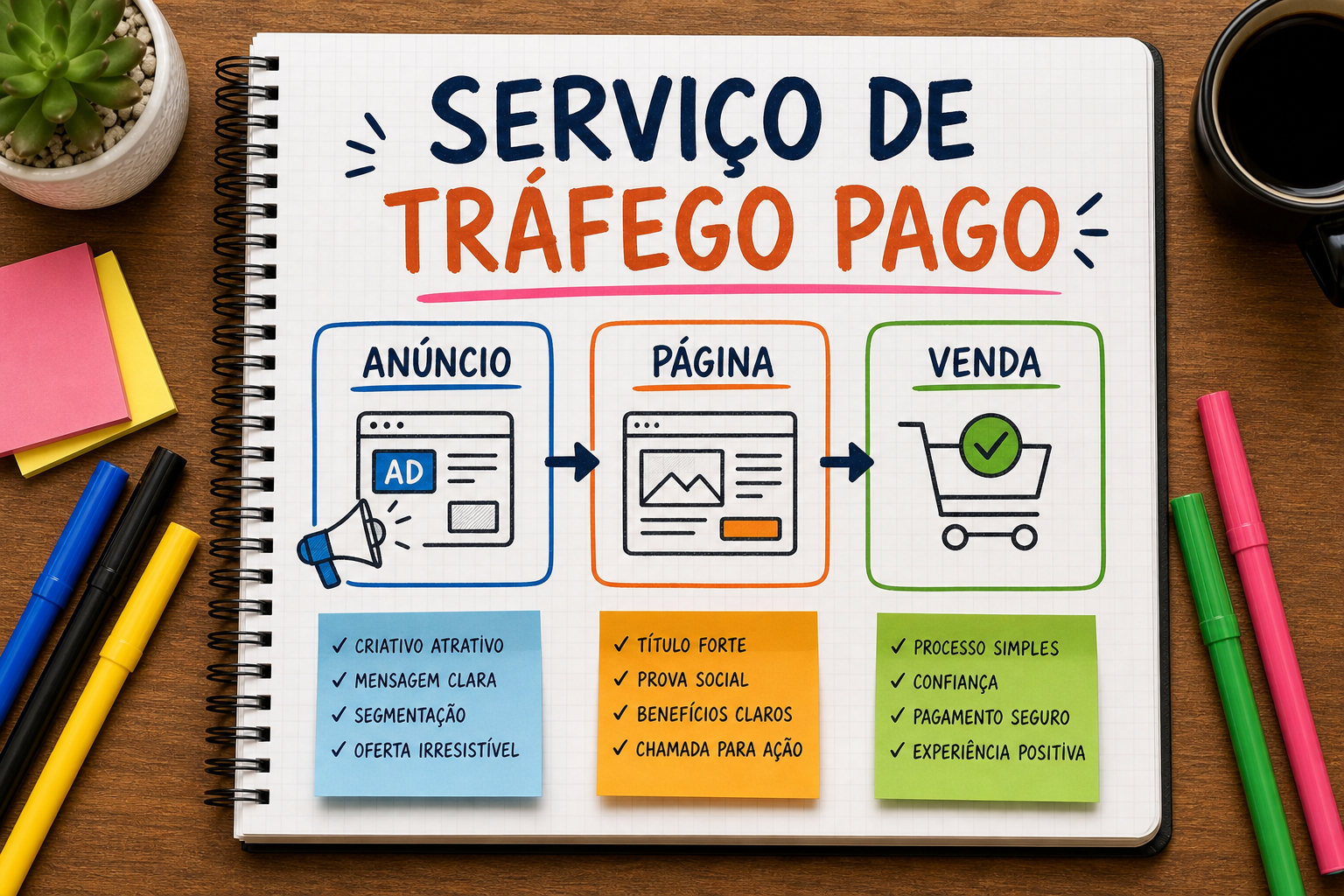 Caderno com mapa do serviço de tráfego pago, anúncio, página, atendimento e venda.