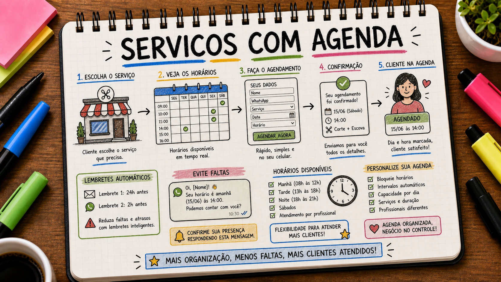 Serviços com agendamento usando WhatsApp, calendário, lembrete e confirmação