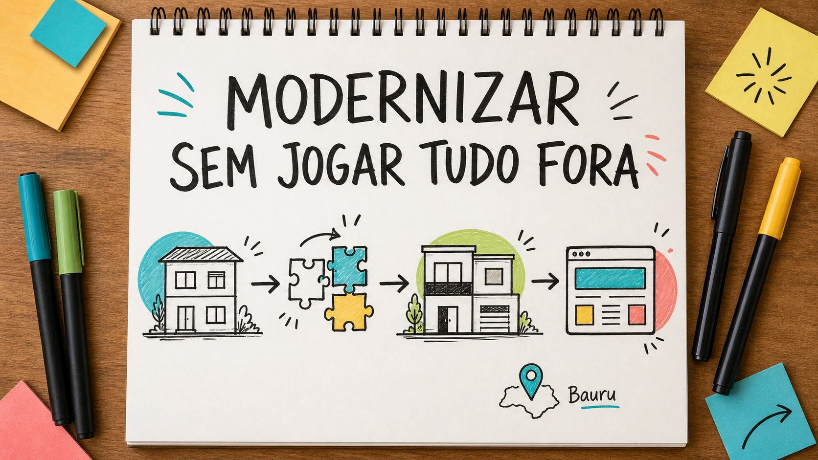Caderno mostra fachada antiga sendo renovada sem apagar a estrutura útil