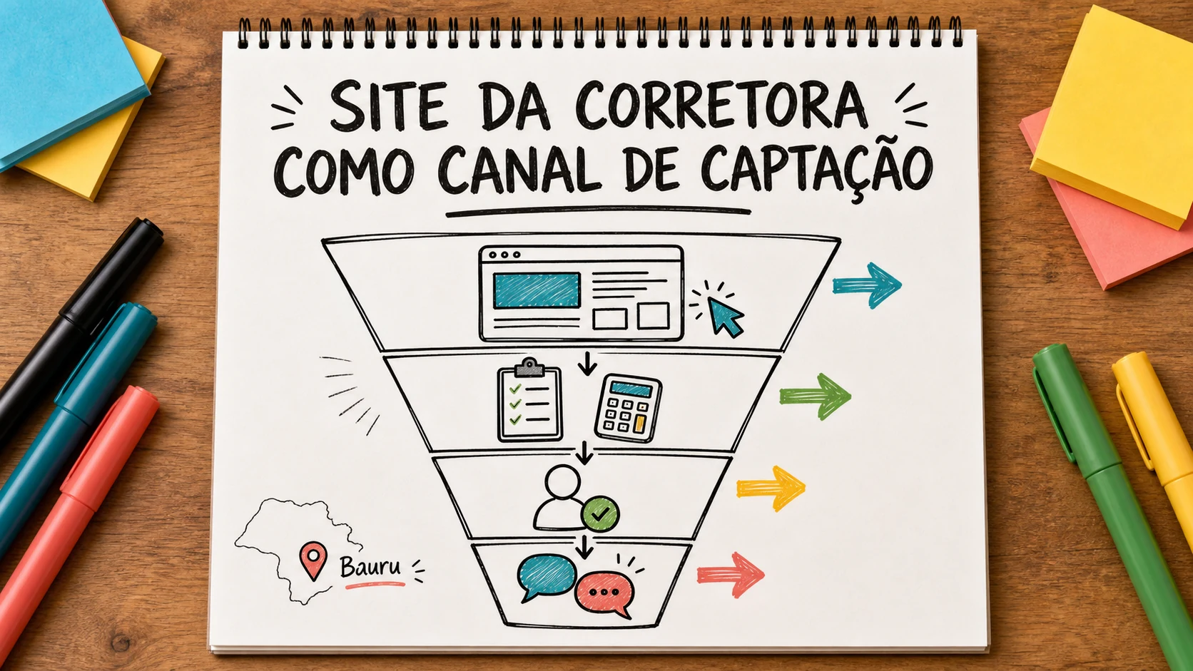 Caderno colorido com uma página de site organizada para captação de clientes em corretora