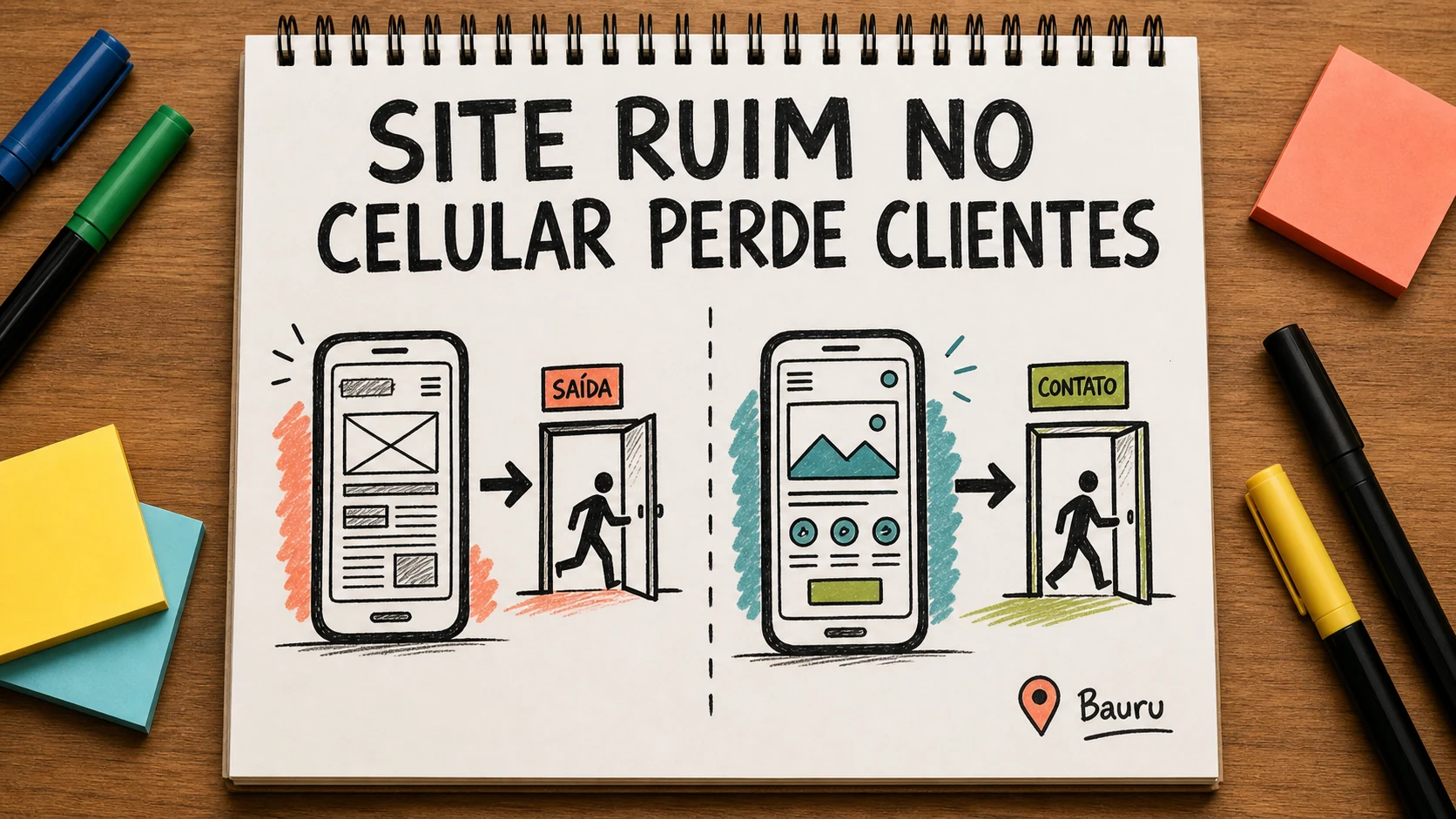 Caderno colorido compara site apertado e página organizada em dois celulares