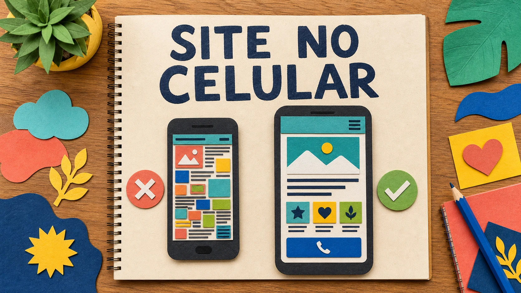 Caderno colorido compara site apertado e página organizada em dois celulares