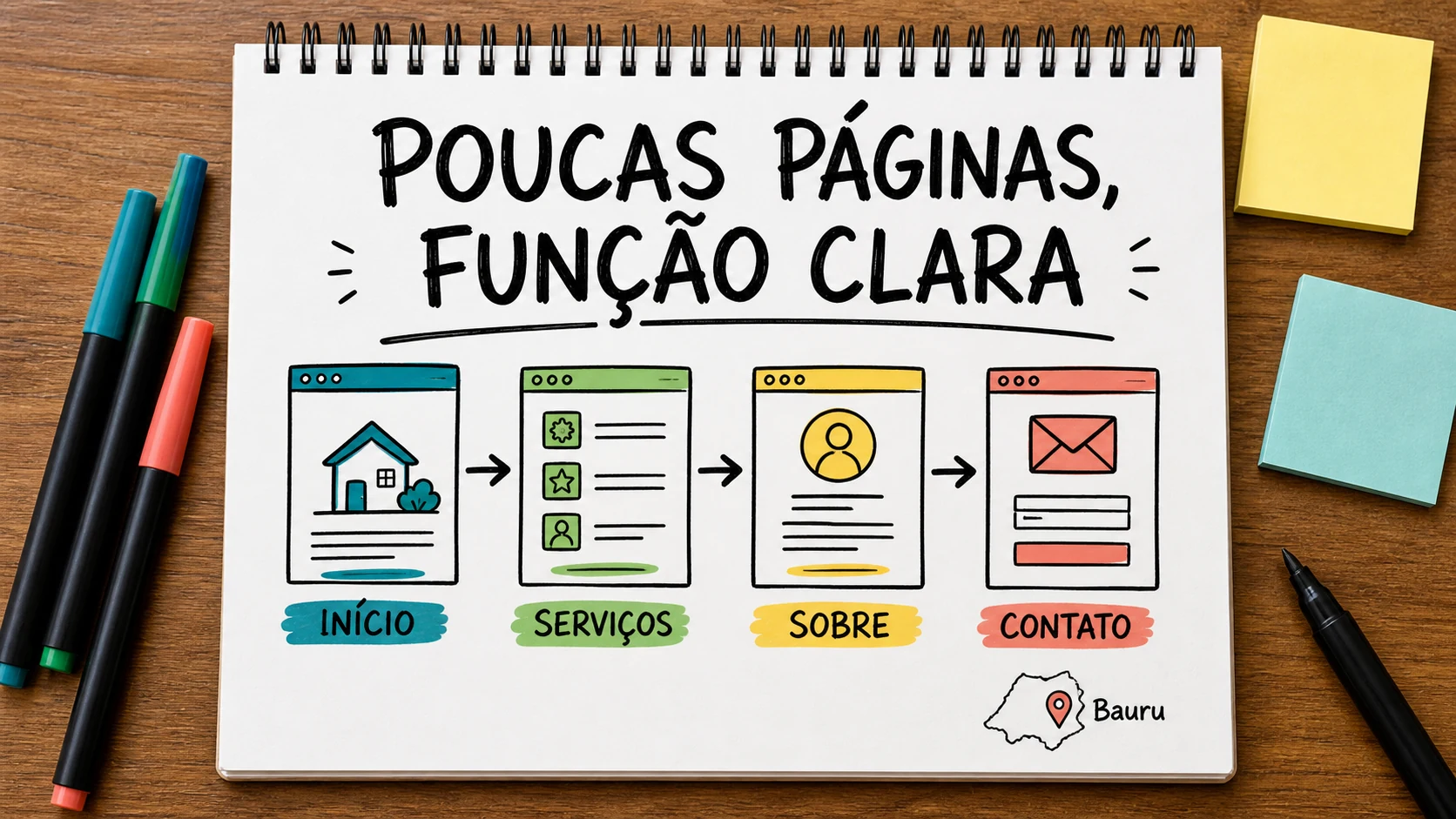 Site simples com poucas páginas separando início, serviços, contato e dúvidas