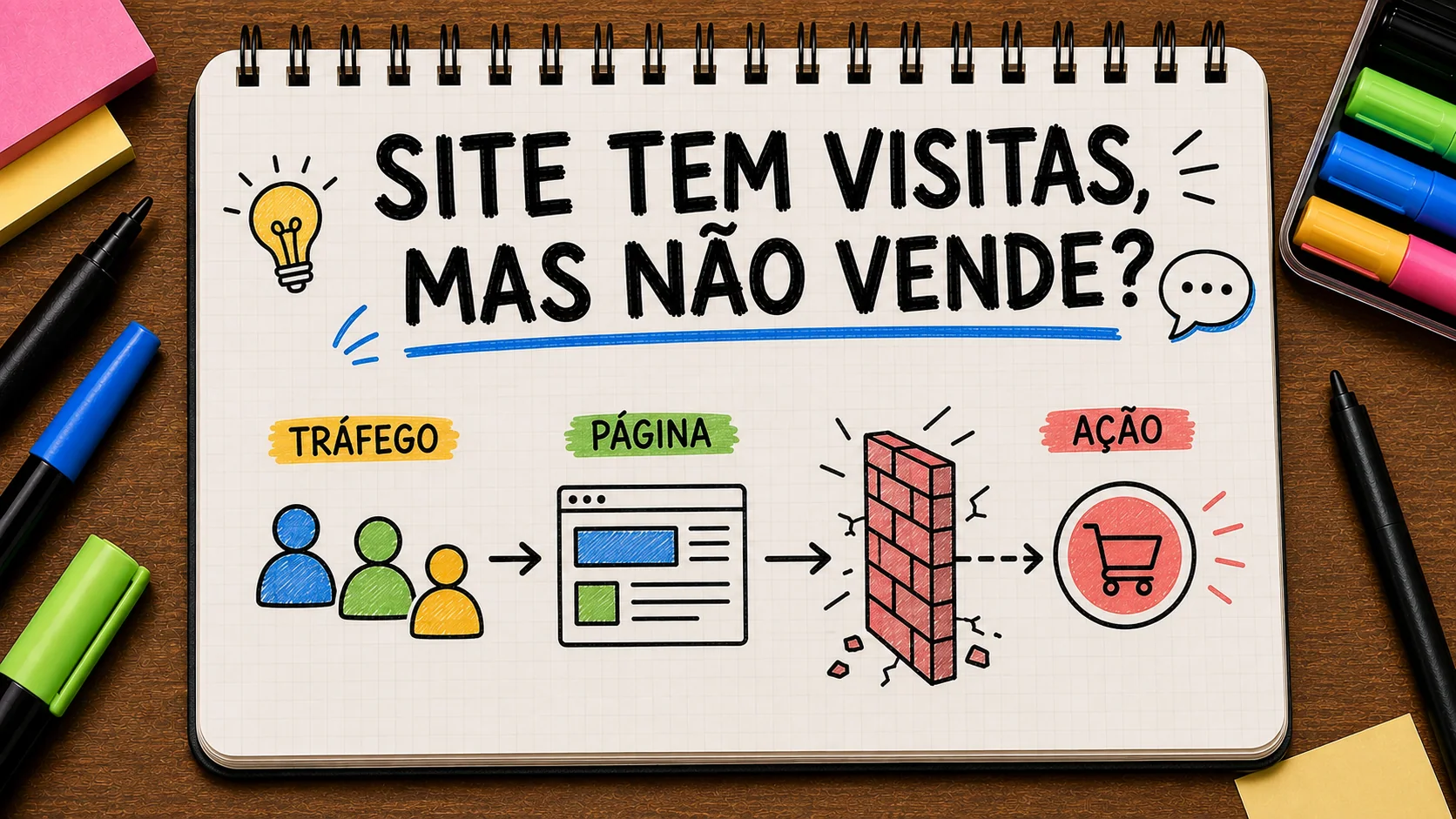 site tem visitas mas não gera clientes representado como caminho entre anúncio, contato e